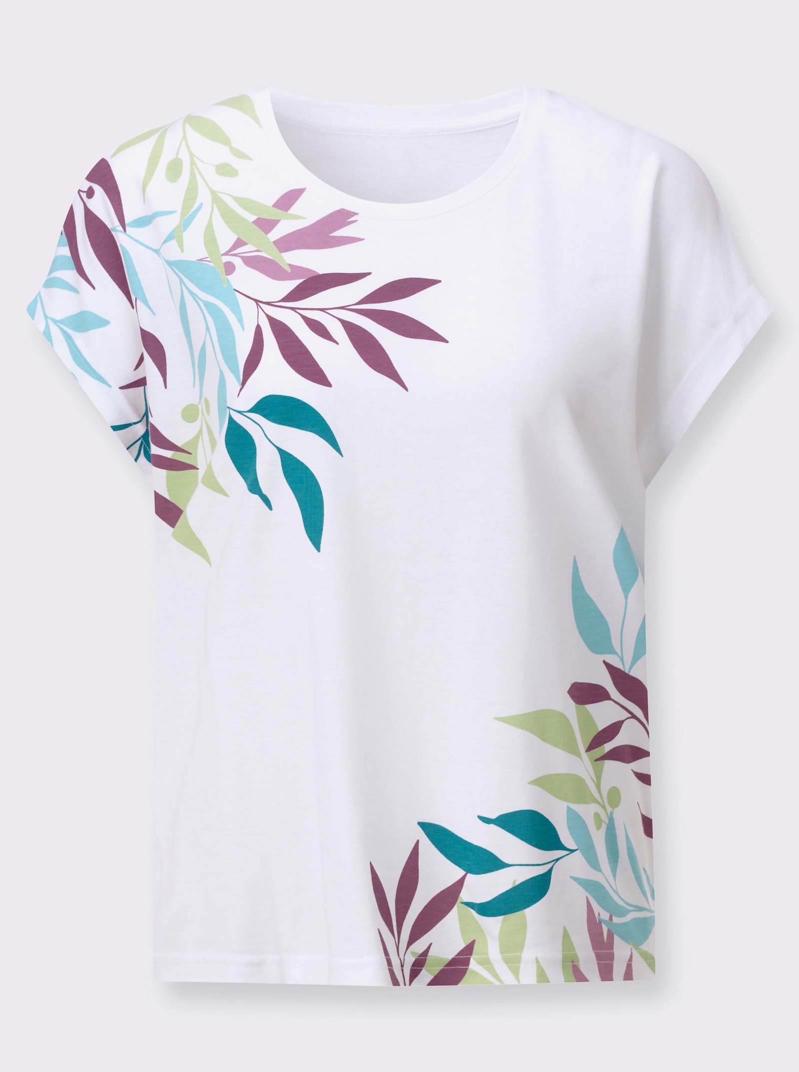 Rundhalsshirt mit floralem Muster - weiß-aquamarin-bedruckt