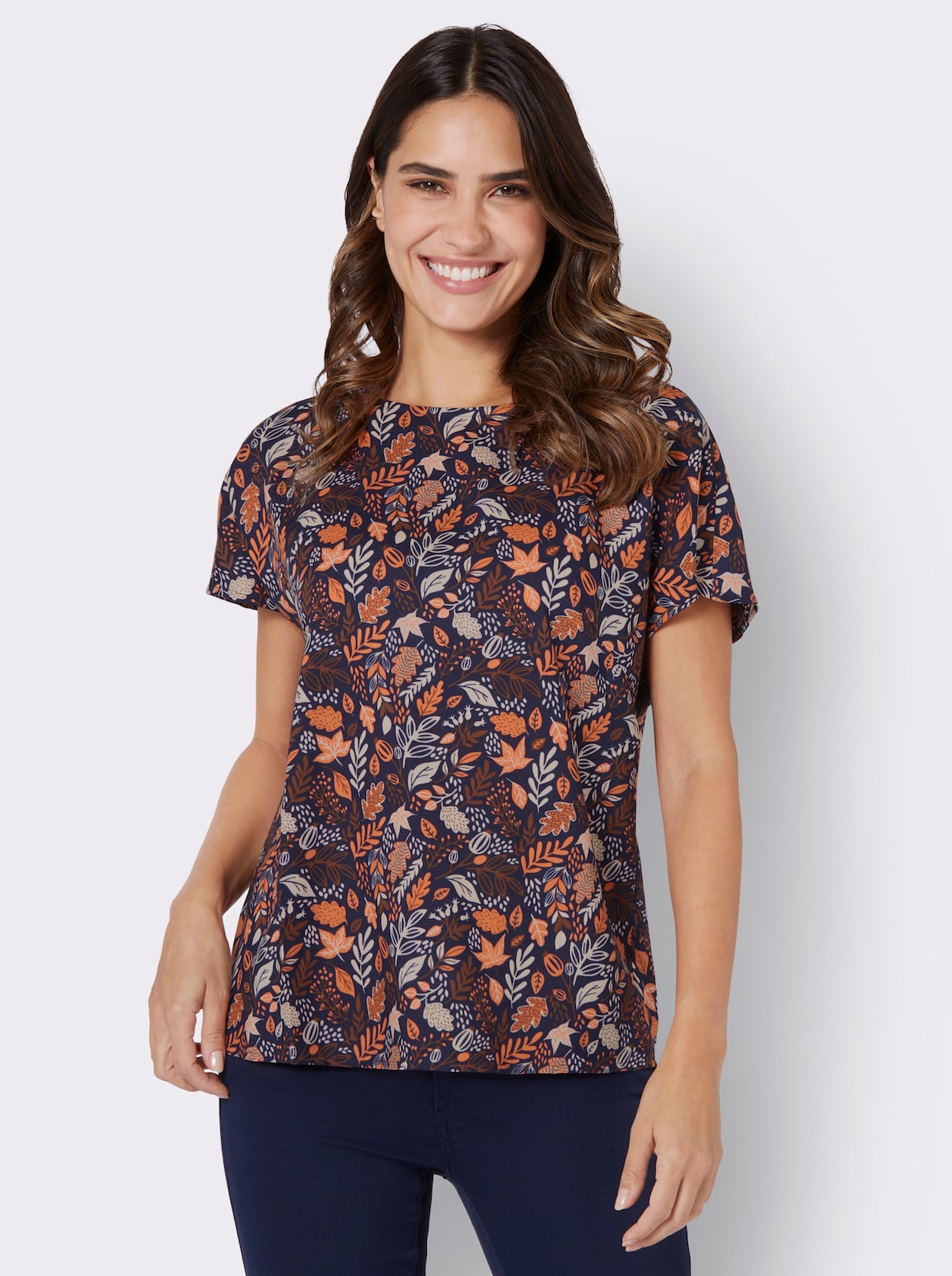 Kurzarm-Bluse - marine-papaya-bedruckt