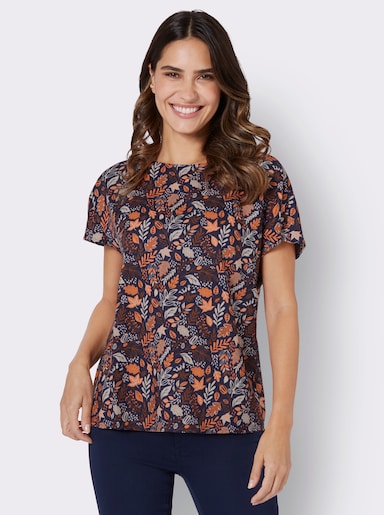 Schlupf-Bluse mit Blätterprint - marine-papaya-bedruckt