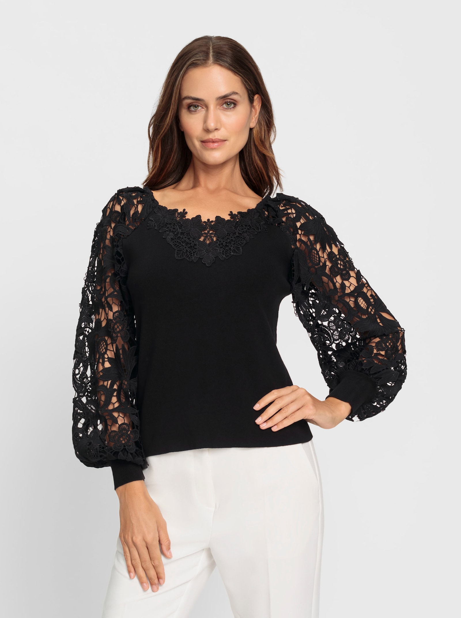 heine Langarm-Pullover mit Spitzen-Ärmeln - schwarz