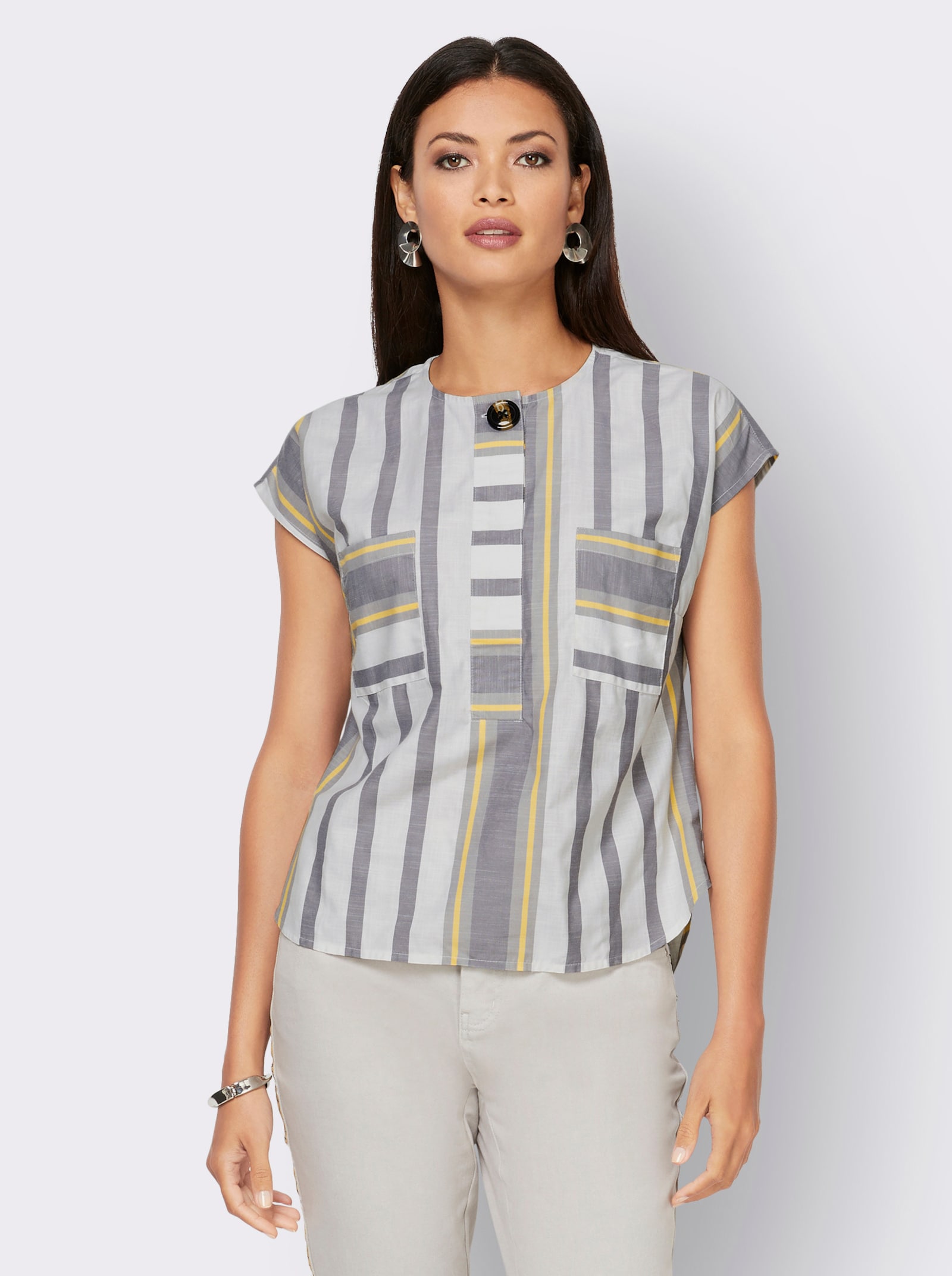 Kurzarmbluse im Streifen-Dessin - weiß-steingrau-gestreift