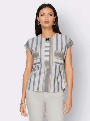 Kurzarmbluse im Streifen-Dessin - weiß-steingrau-gestreift