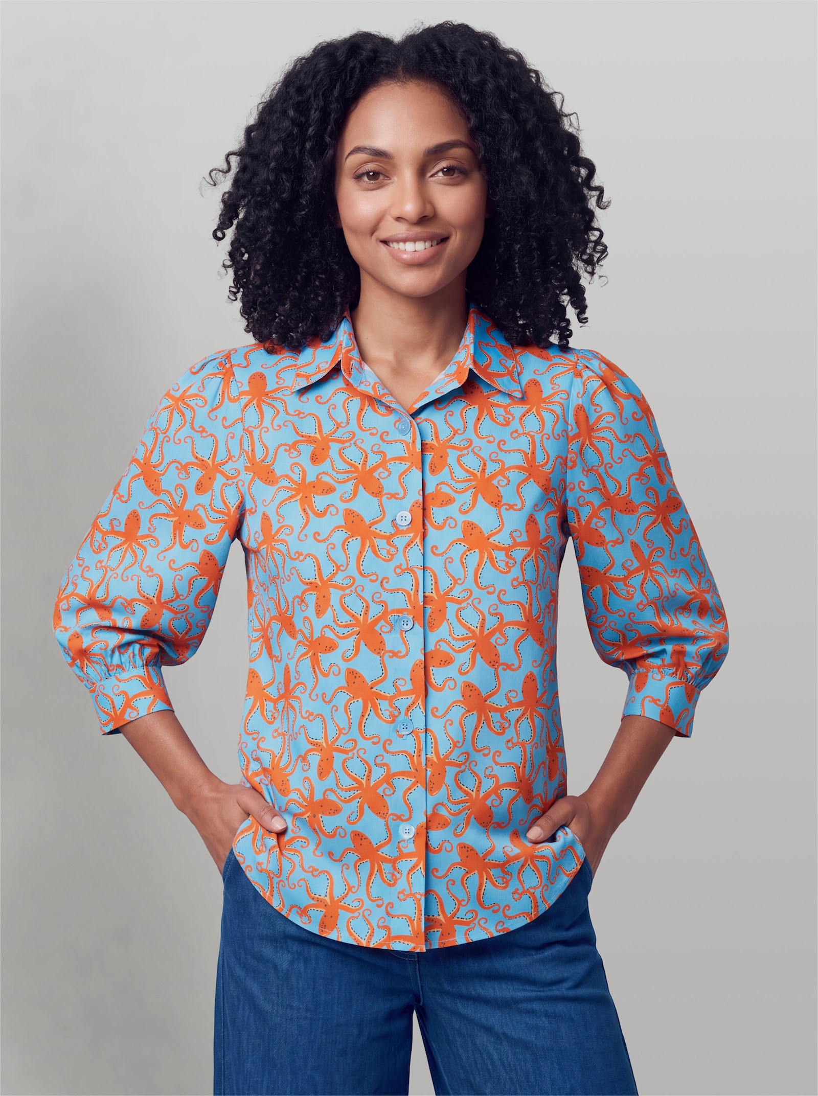 heine Druckbluse mit Kraken-Dessin - aqua-orange-bedruckt