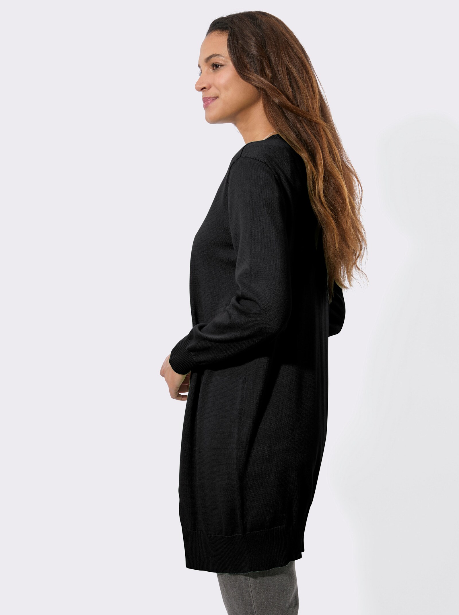 Longstrickjacke mit gerippten Bündchen - schwarz