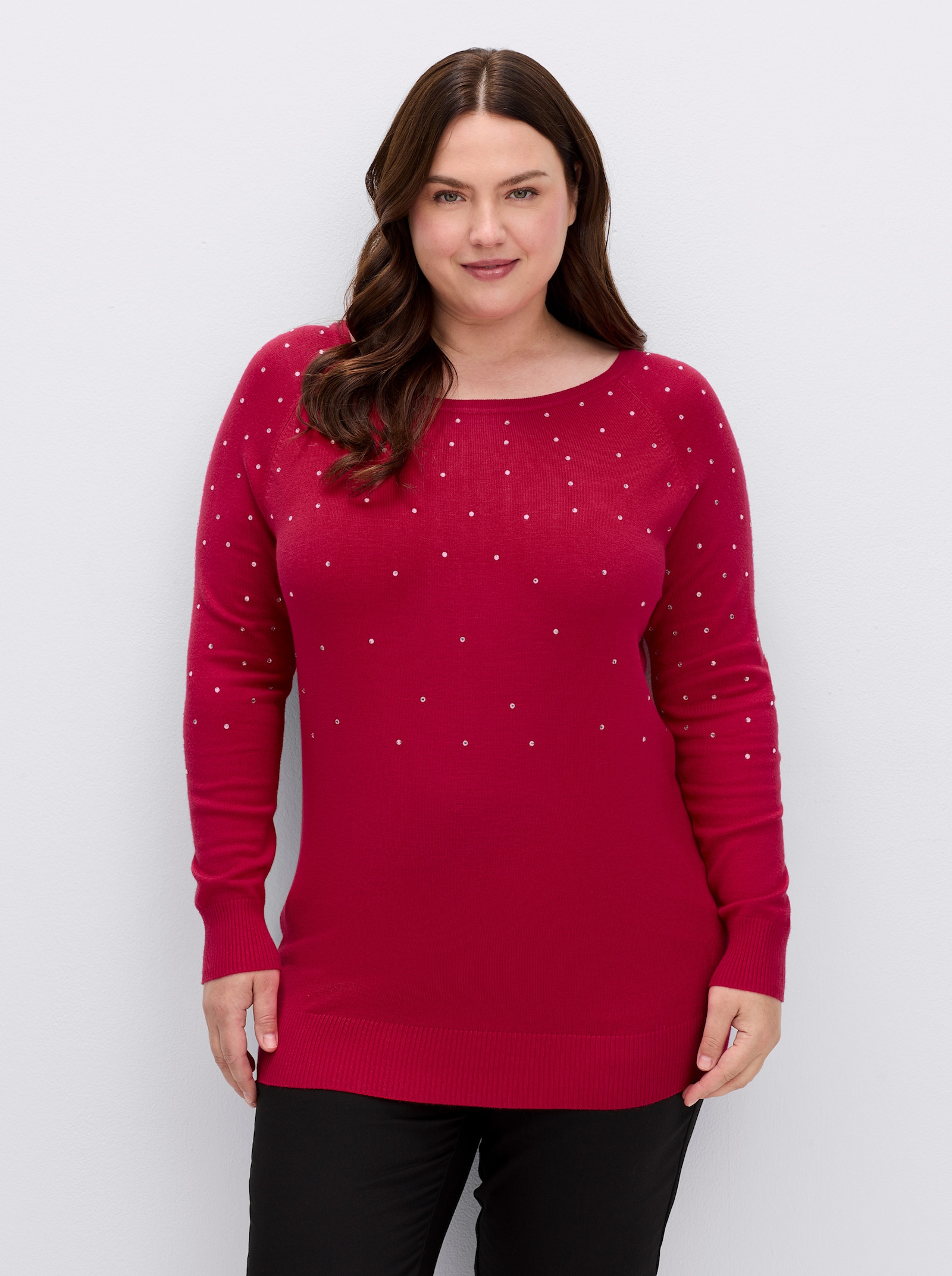 Langarm-Pullover mit Glitzersteinchen - rot
