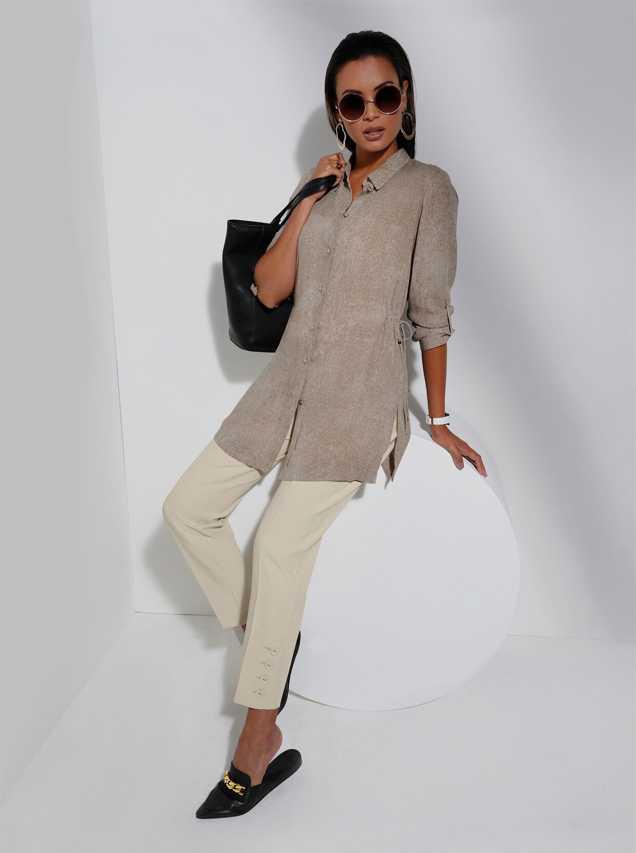 Longbluse - beige-bedruckt