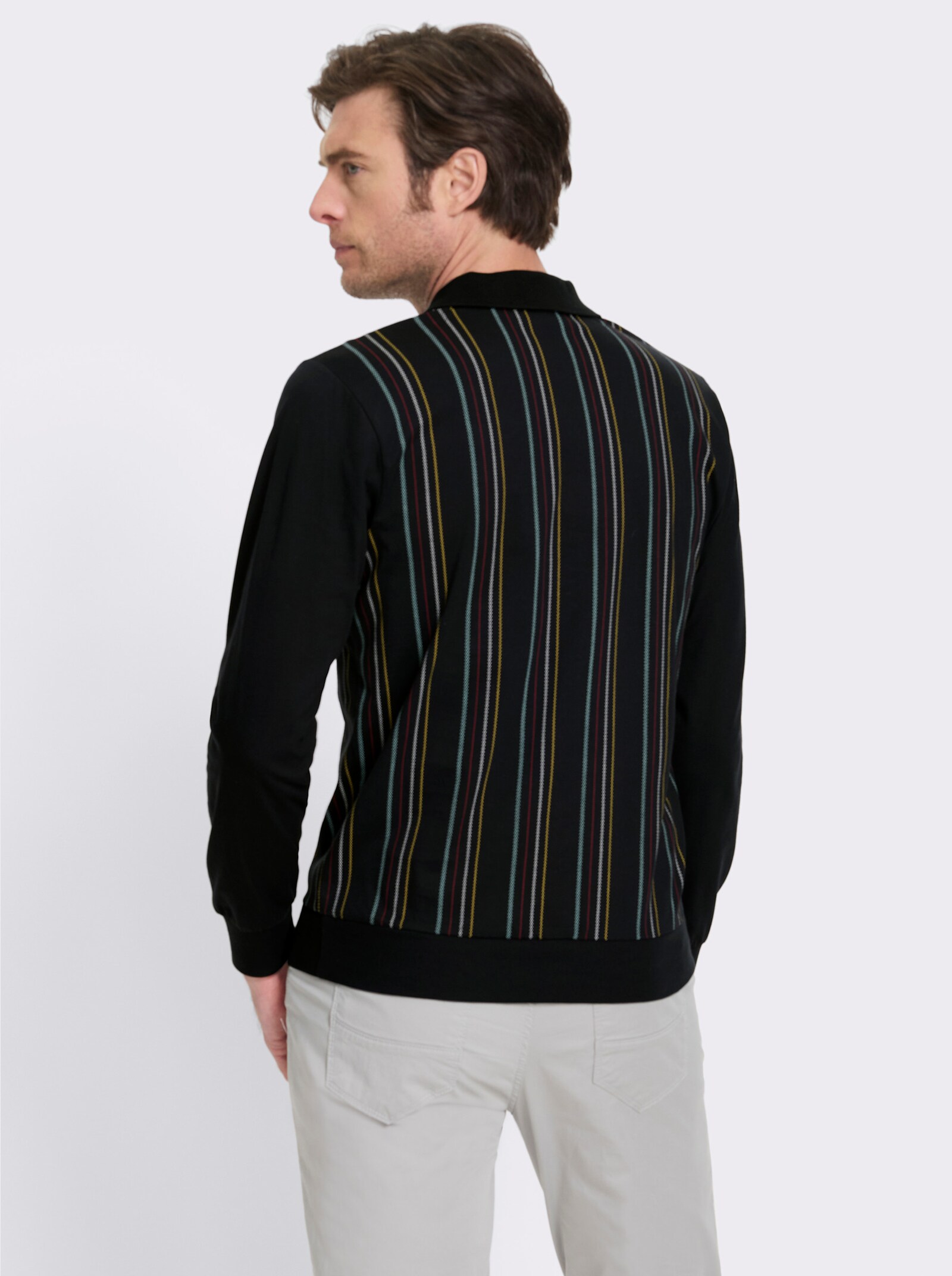 Marco Donati Langarm-Poloshirt mit Knopfleiste - schwarz-gestreift