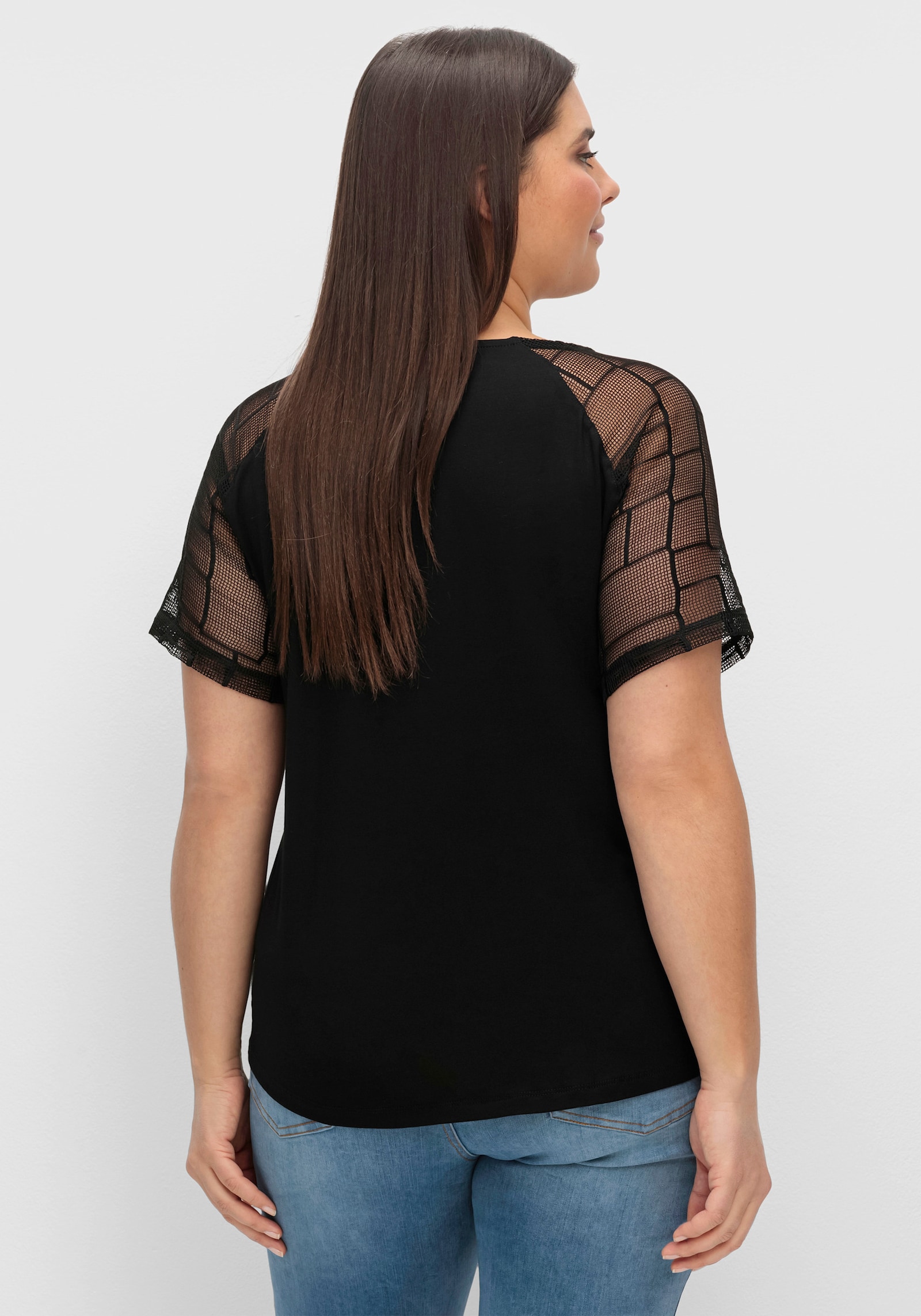 Spitzenshirt mit transparenten Ärmeln - schwarz