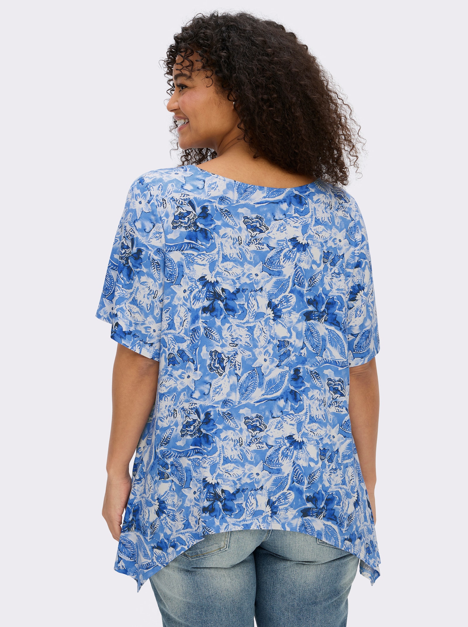 sheego by Joe Browns Puntig shirt met bloemenprint - koningsblauw/hemelblauw gedessineerd