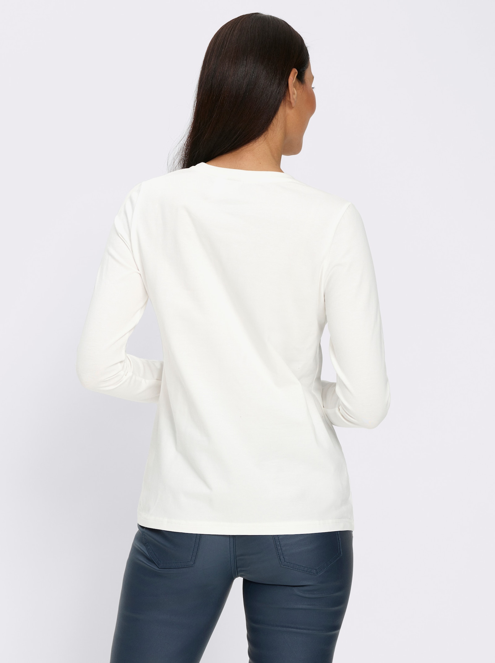 heine Langarmshirt Mit Ziersteinchen - ecru-mittelblau-gemustert