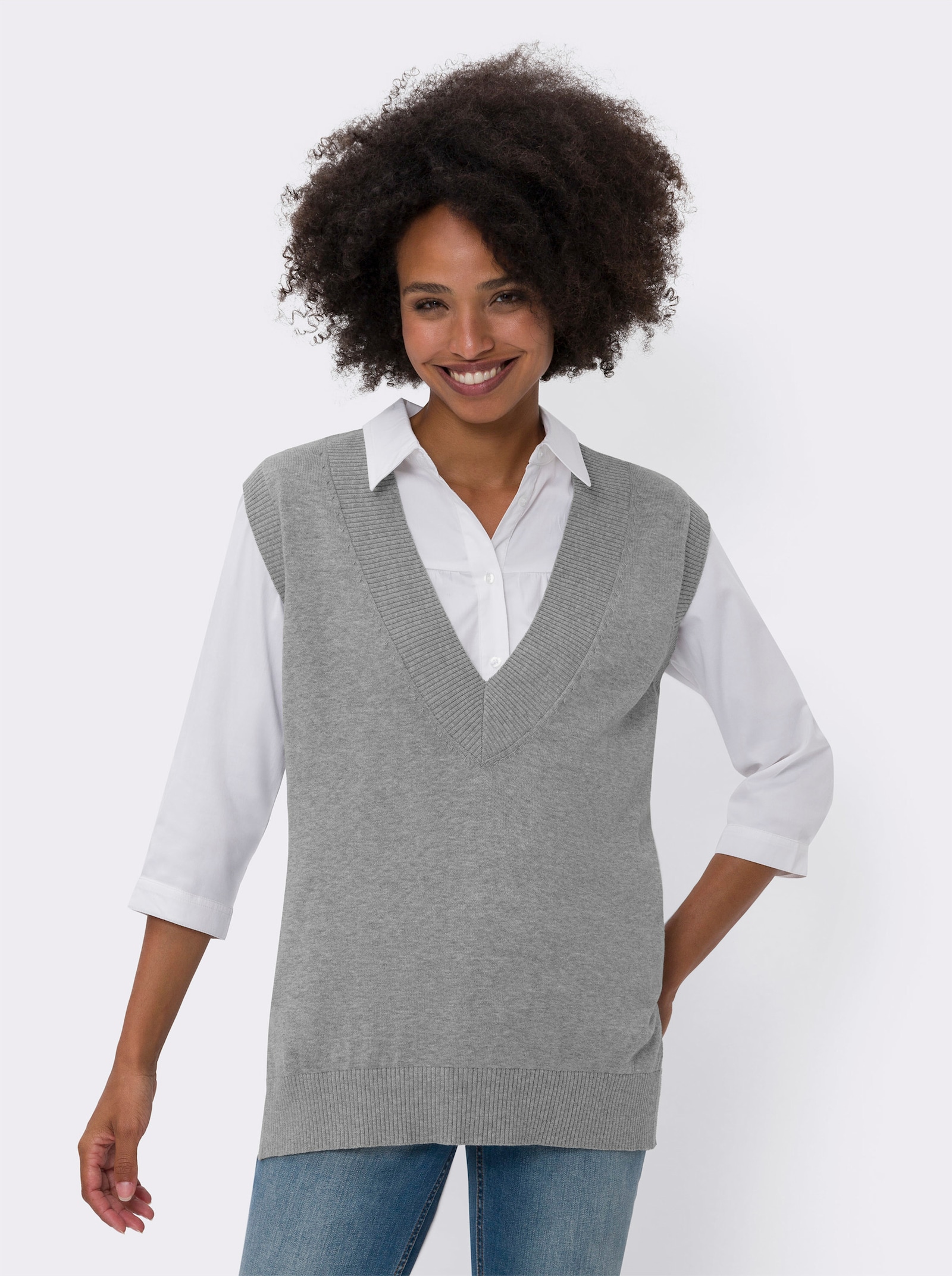 heine Slip-over met diepe V-hals - grijs gemêleerd