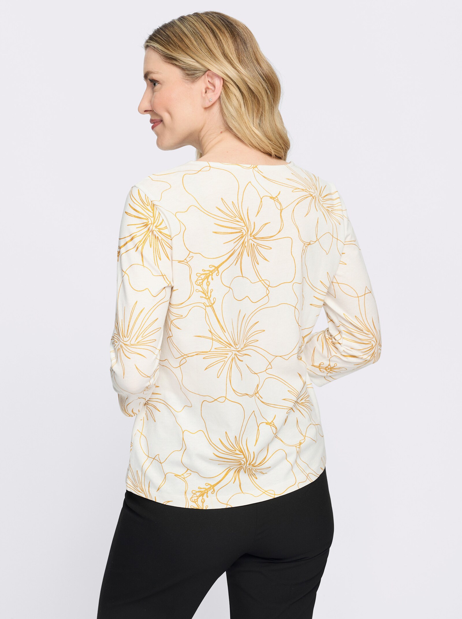 3/4-Arm-Shirt mit goldfarbenem Blütendruck - ecru-goldfarben-bedruckt