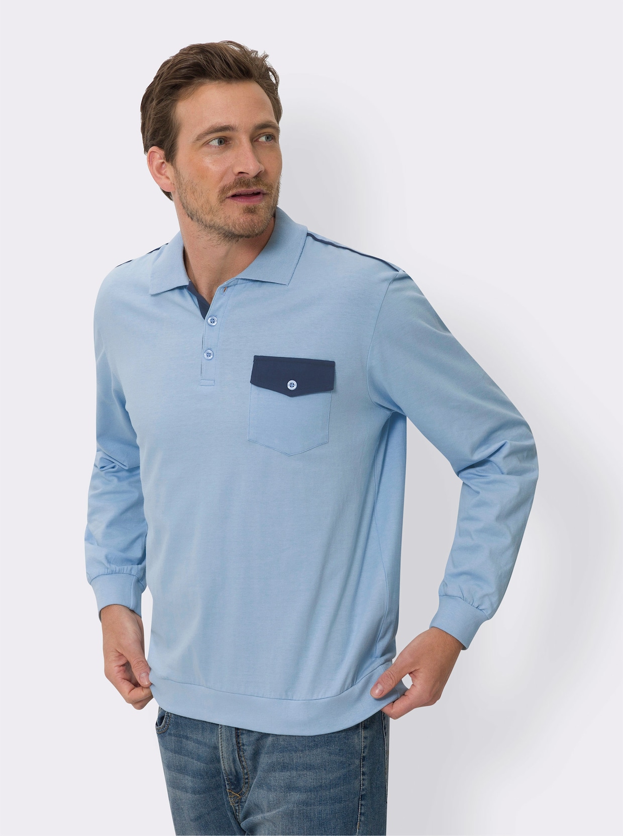 Langarm-Poloshirt - eisblau