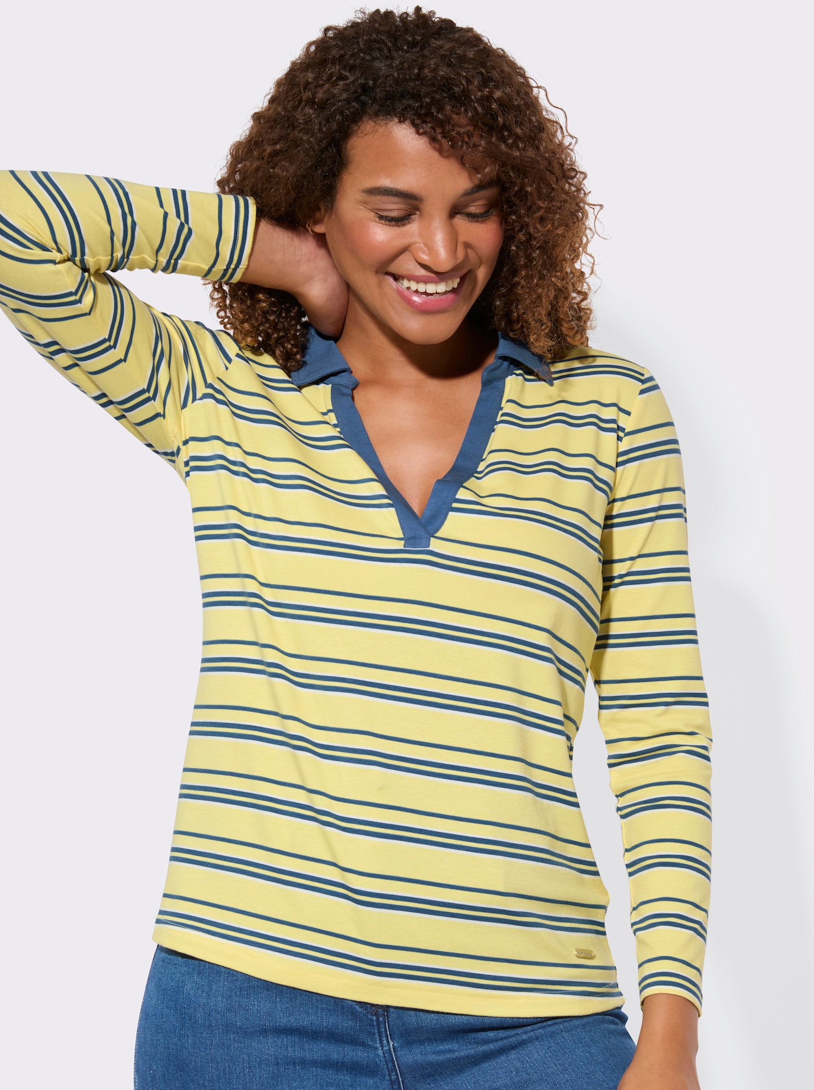 Poloshirt mit Ringelmuster - zitrone-jeansblau-gestreift