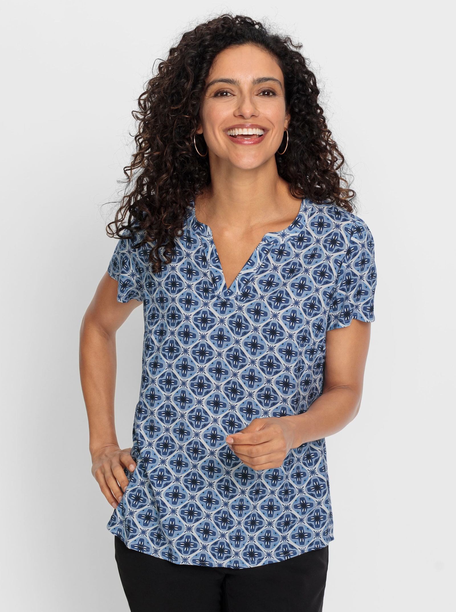 Druckbluse in Schlupfform - jeansblau-ecru-bedruckt