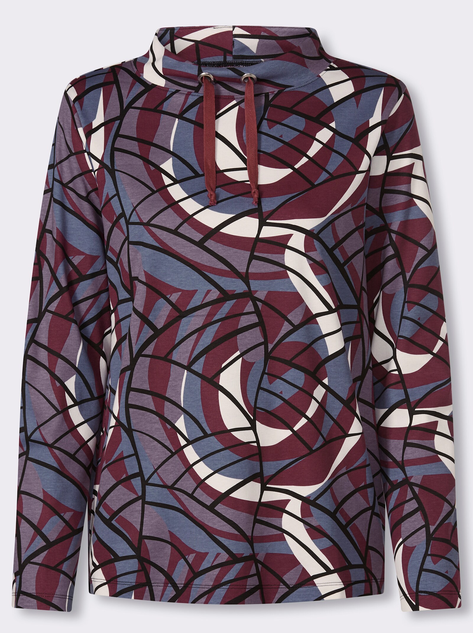 Stehkragenshirt in formstabiler Interlock-Qualität - bordeaux-rauchblau-bedruckt