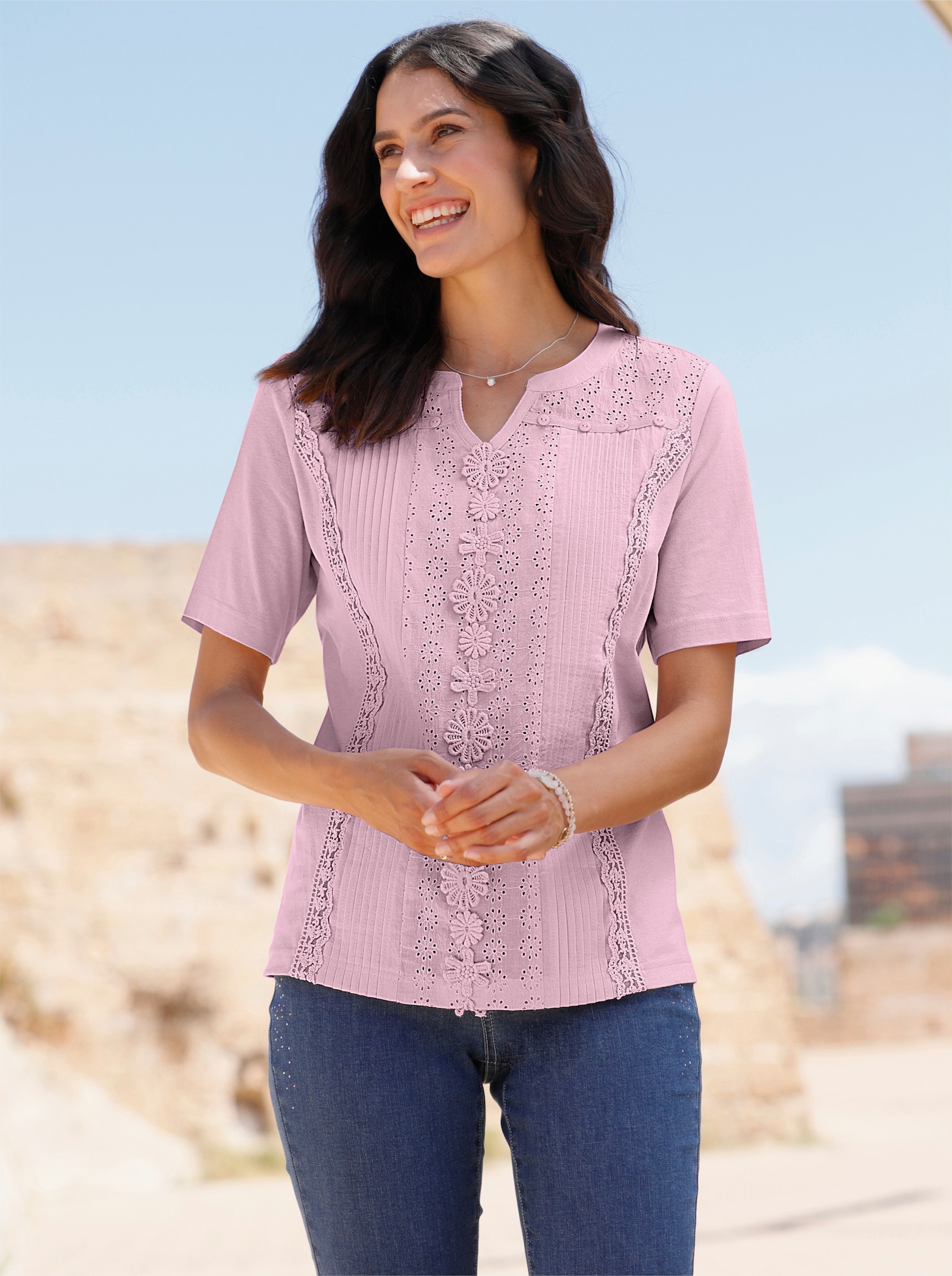 Kurzarmshirt mit Madeira-Spitze - rosé