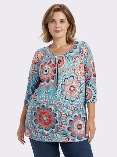 Longshirt in leichter A-Linie - türkis-flamingo-bedruckt