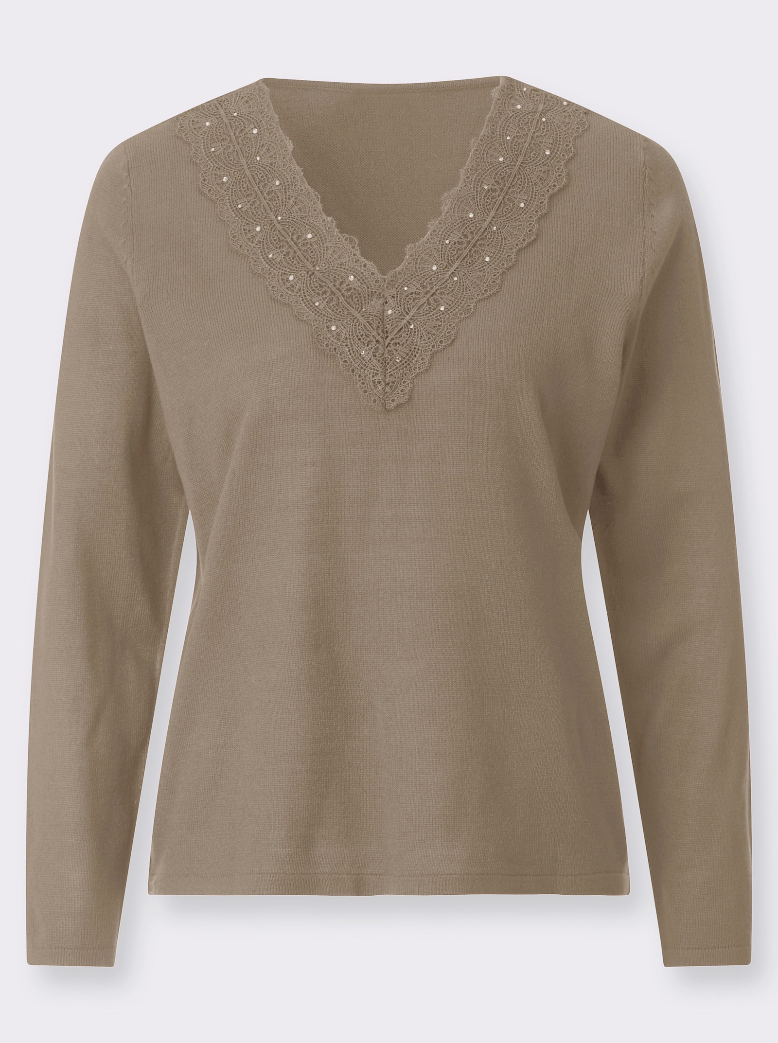 Feinstrickpullover mit Spitzenbesatz - sesam