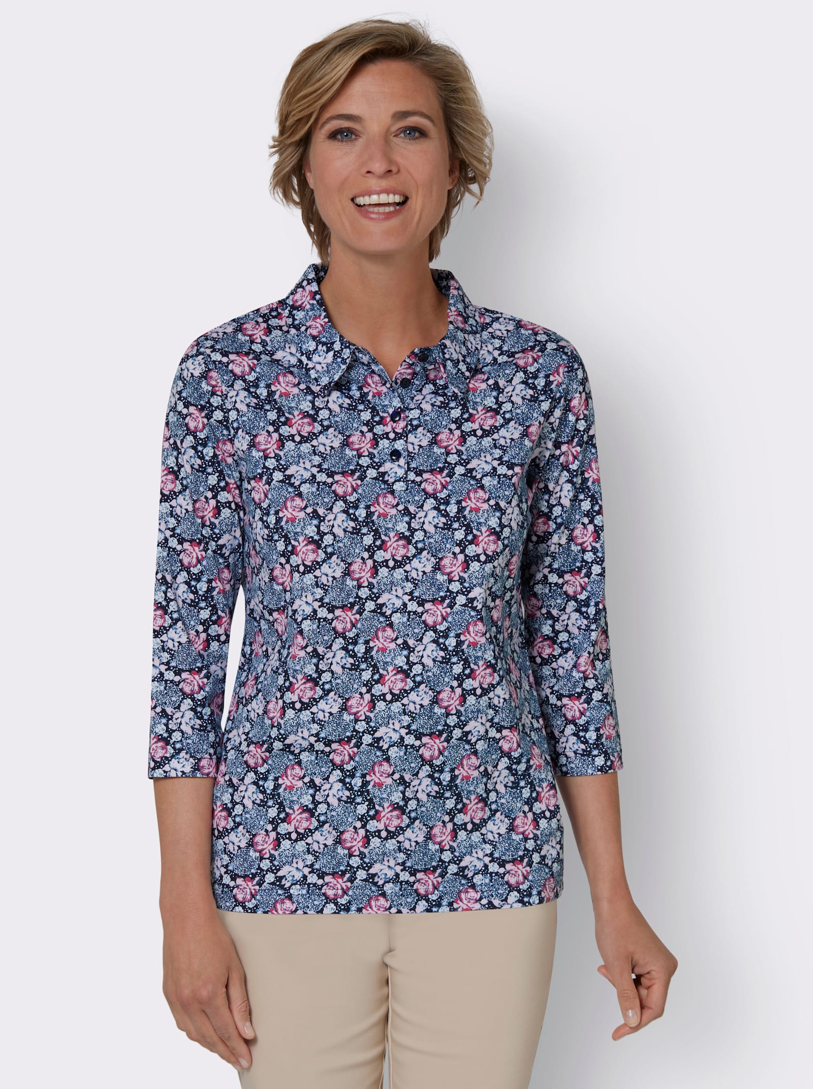 Poloshirt mit 3/4-Ärmeln - marine-fuchsia-bedruckt