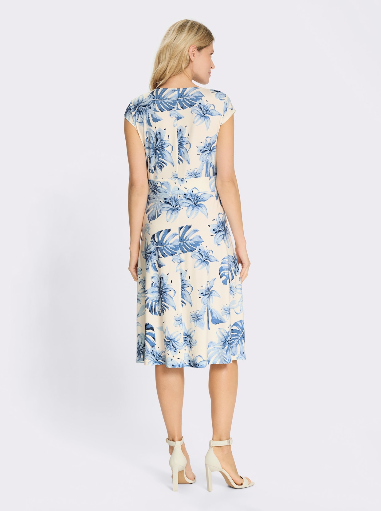 Jerseykleid mit Bindegürtel - eisblau-champagner-bedruckt