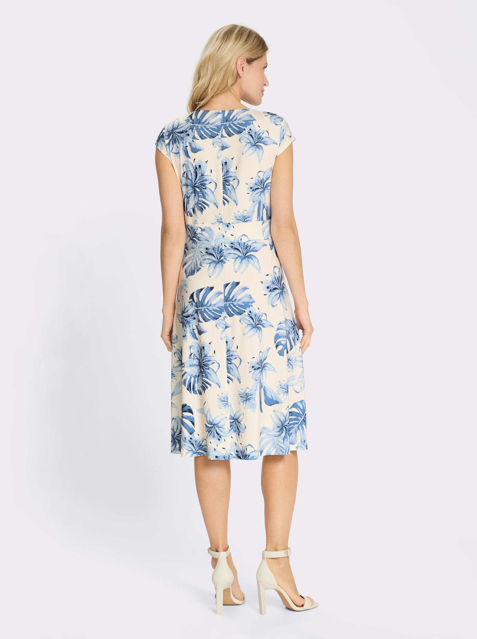 Jerseykleid mit Bindegürtel - eisblau-champagner-bedruckt