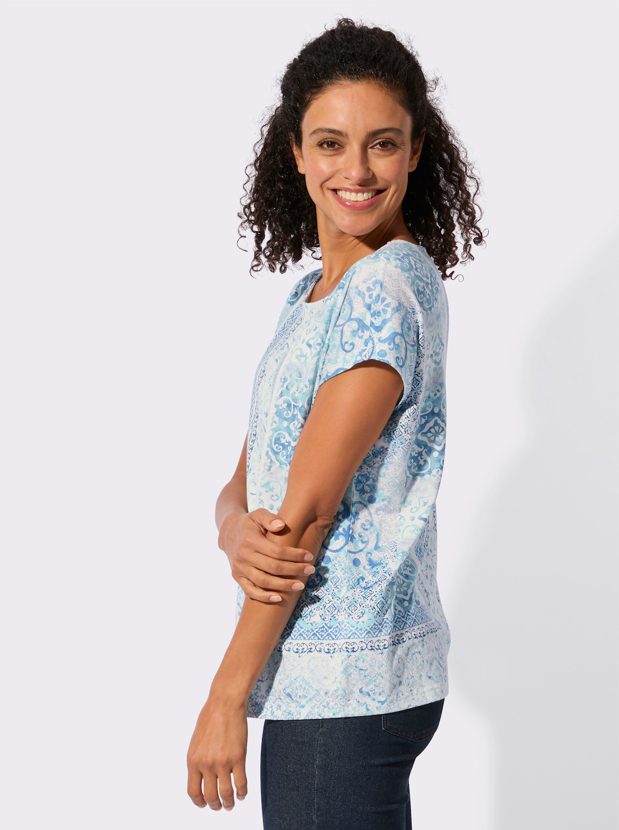 Print-Shirt mit überschnittenen Schultern - jeansblau-ecru-bedruckt