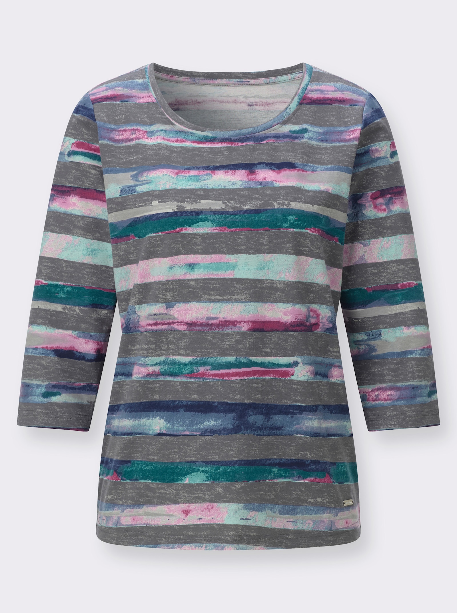 Rundhalsshirt im Ringel-Druckmuster - steingrau-aquapetrol-bedruckt