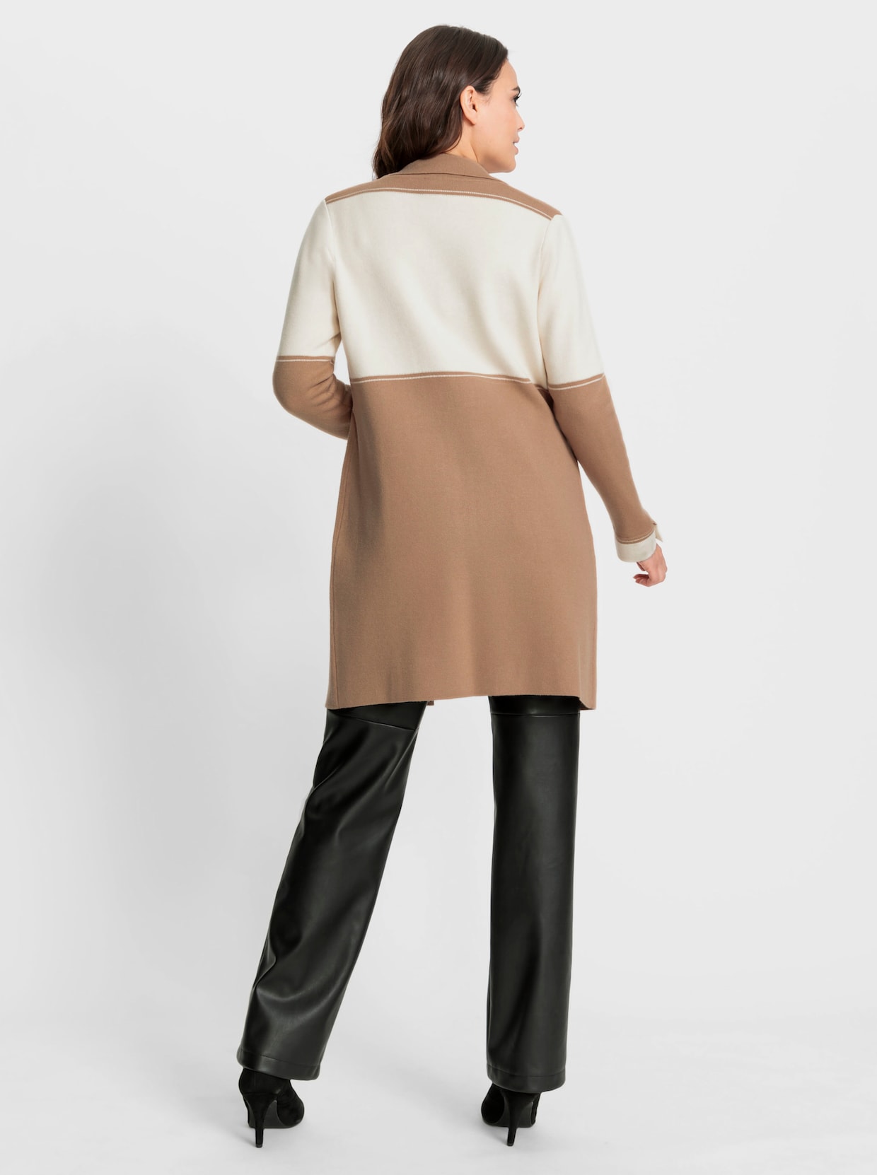 heine Lang gebreid vest - camel/champagne gedessineerd