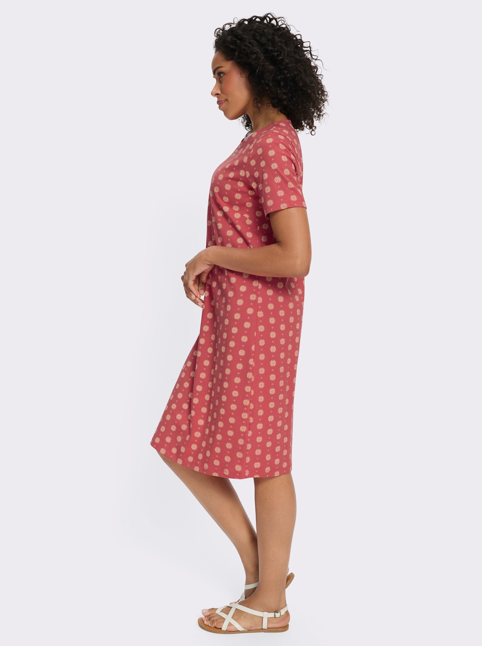 Jerseykleid mit einfarbigem Einsatz am Ausschnitt - grapefruit-magenta-bedruckt