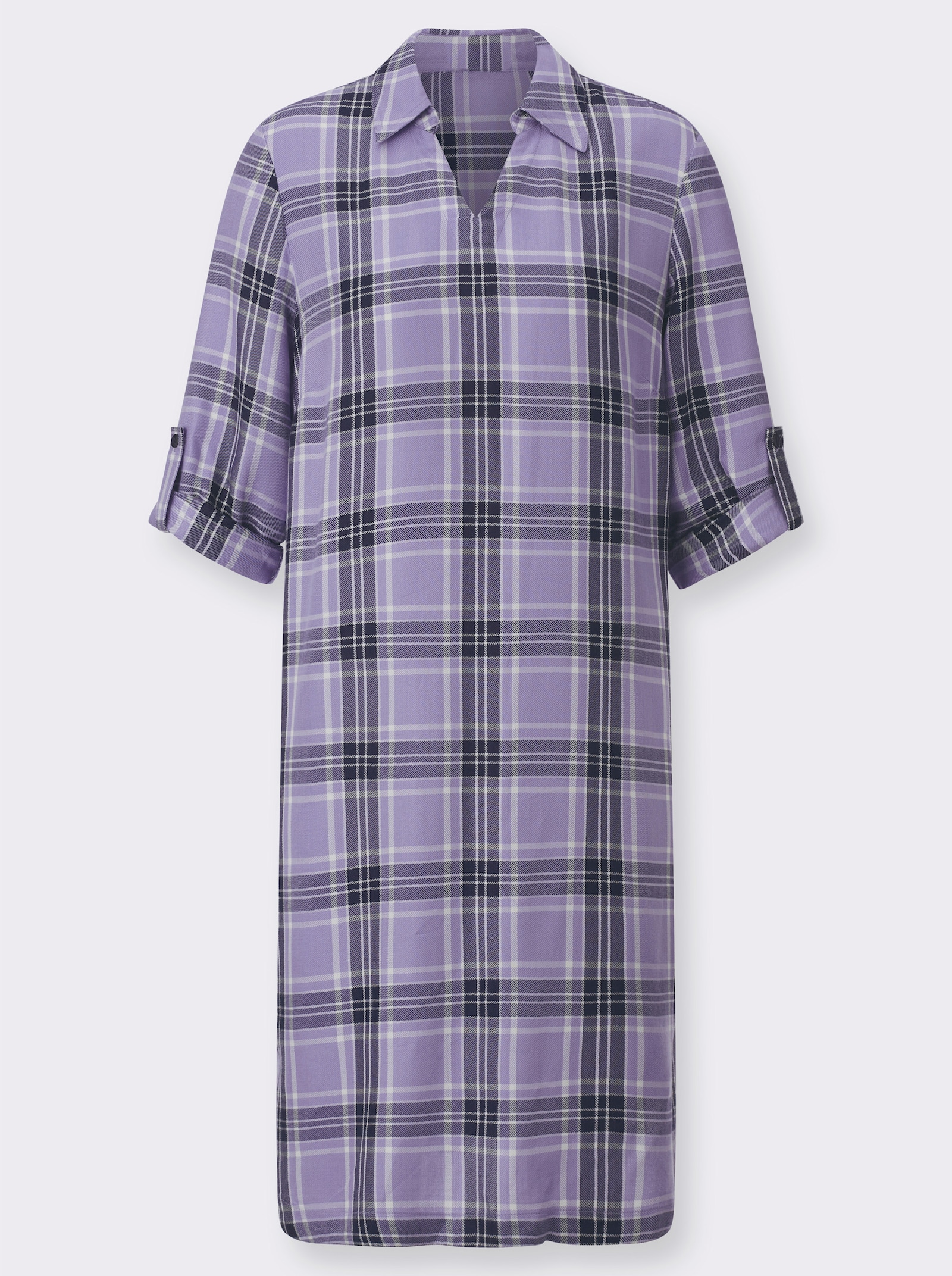 Geruite jurk met opstroopbare mouwen - lavendel/marine geruit