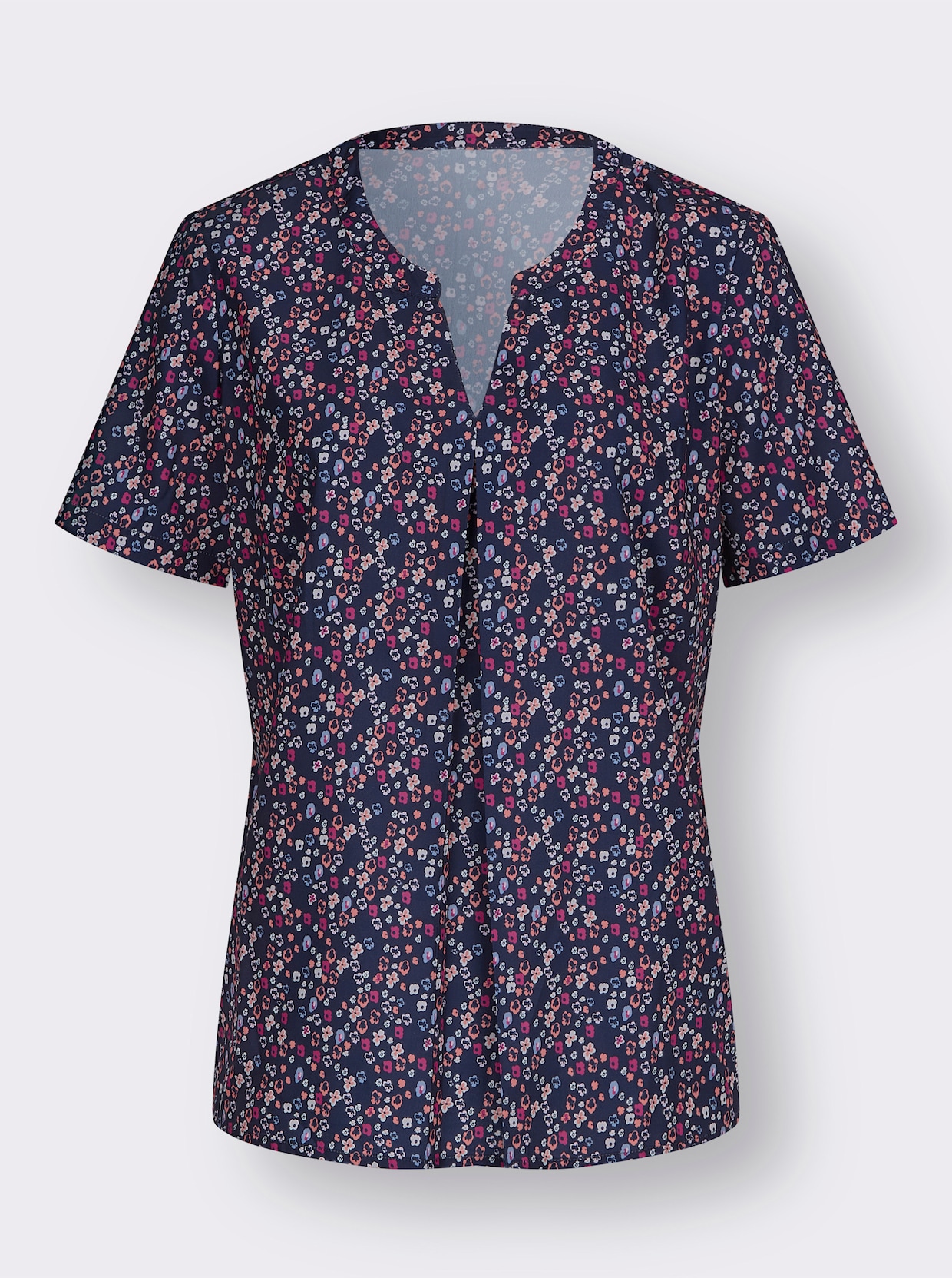 Comfortabele blouse - marine/koraal bedrukt
