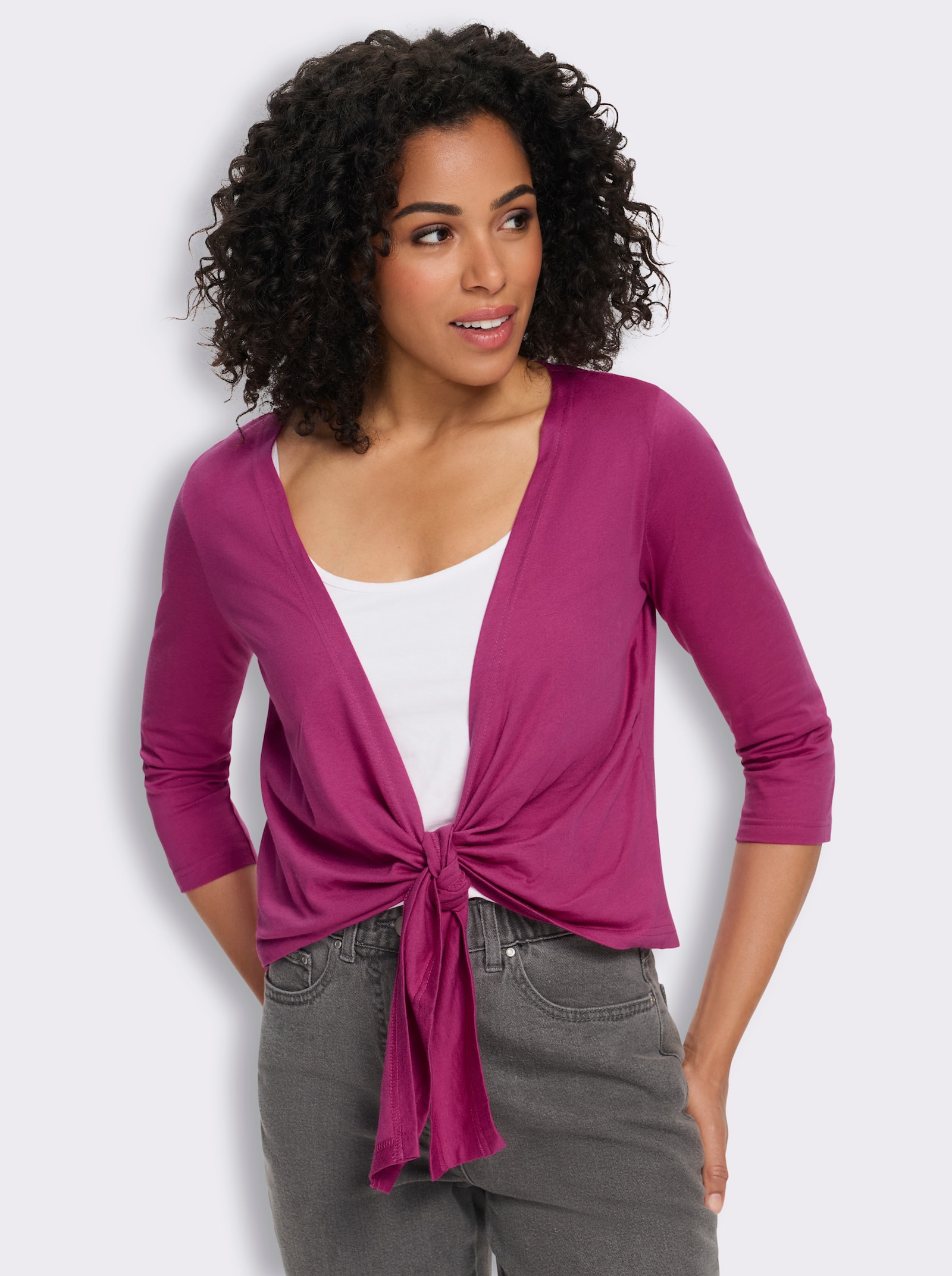 Shirtjacke mit Saum zum Knoten - magenta