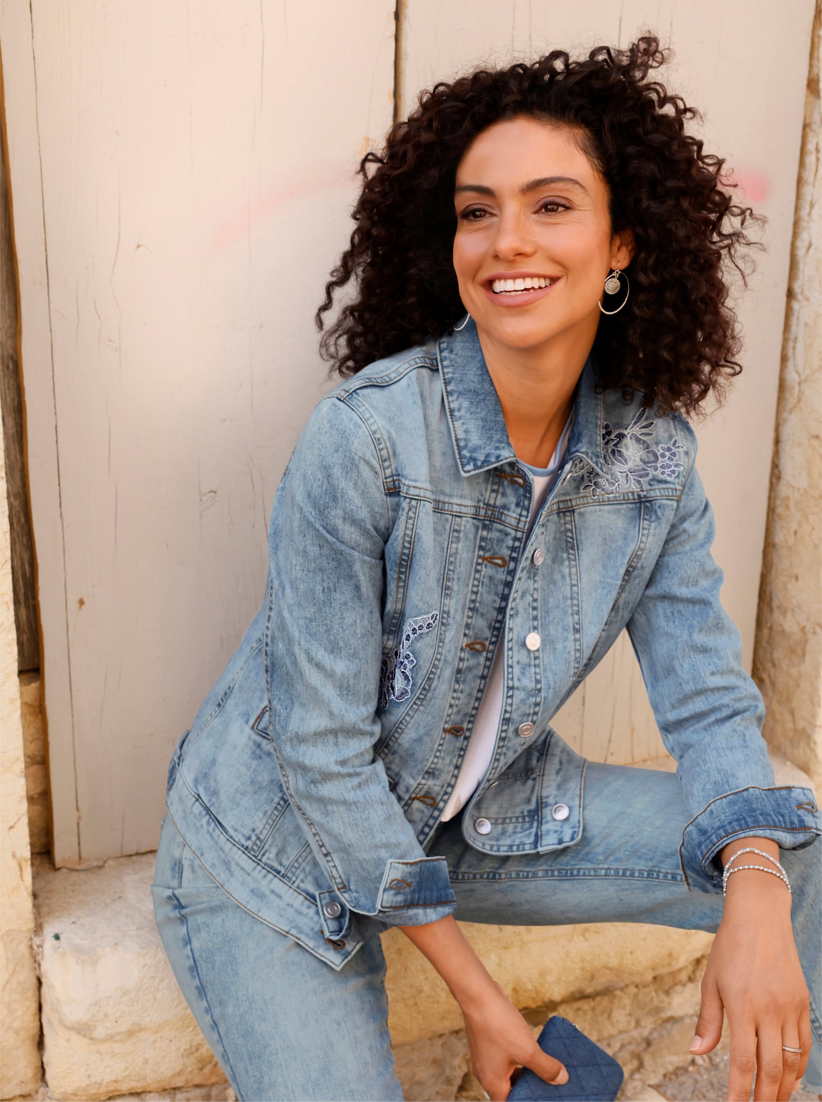 Jeansjack met platte kraag - blue-bleached