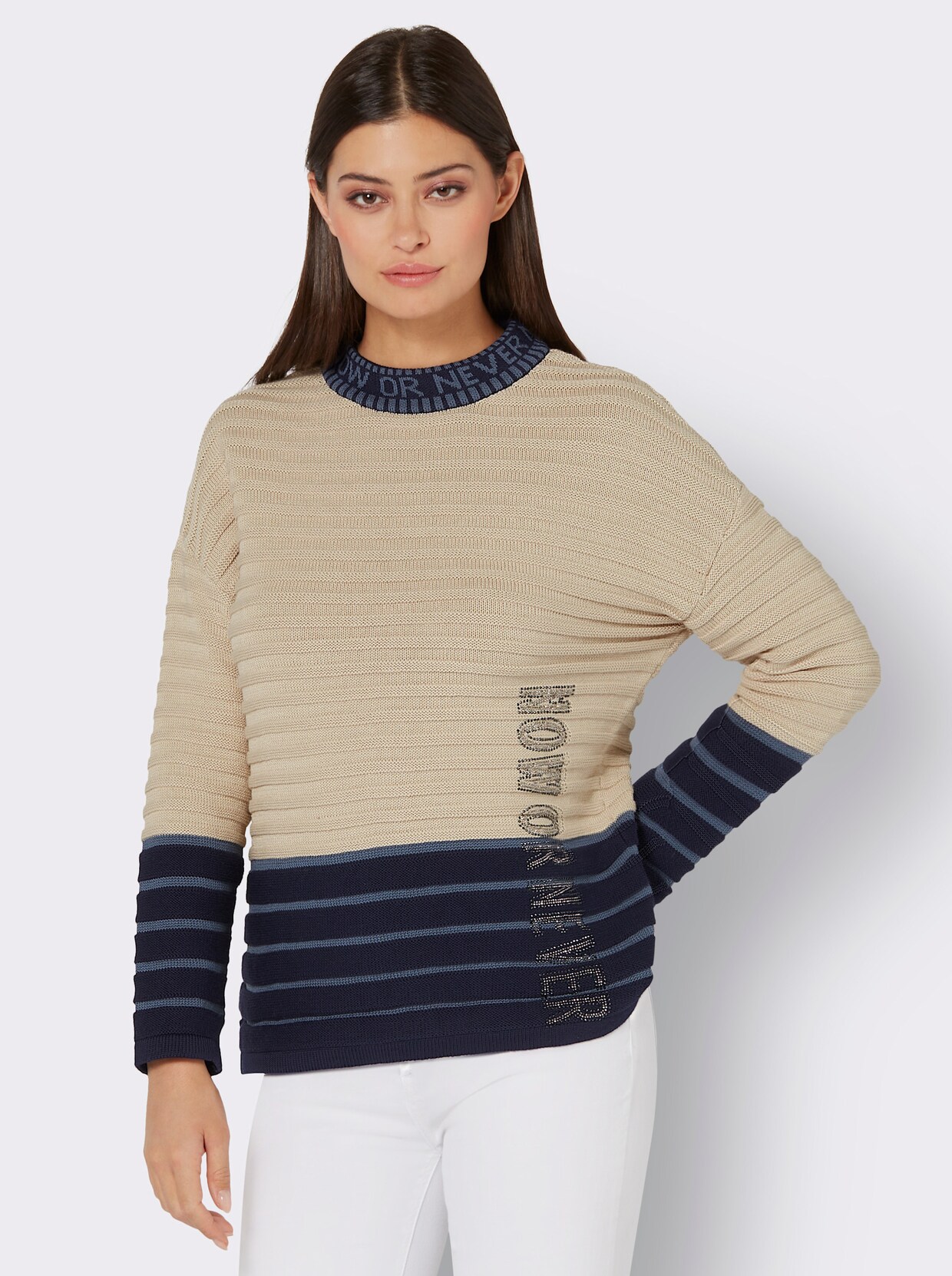 Stehkragen-Pullover - marine-sand-geringelt