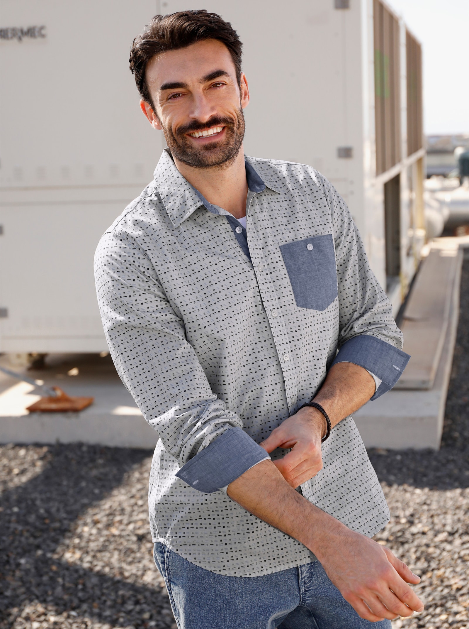 Marco Donati Langarmhemd mit kontrastfarbiger Brusttasche - hellgrau-gemustert