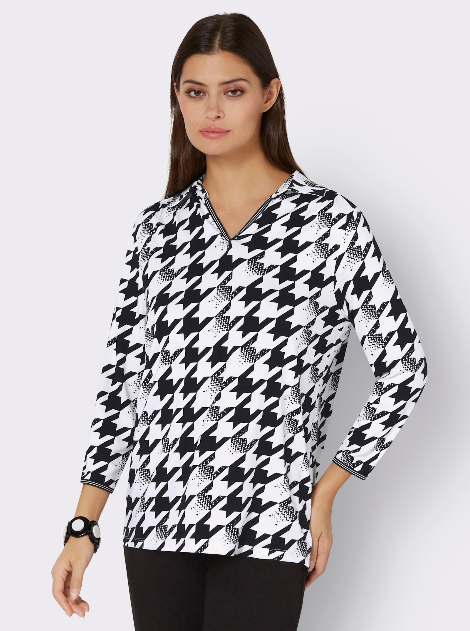 Poloshirt met 3/4-mouwen - zwart/ecru geprint