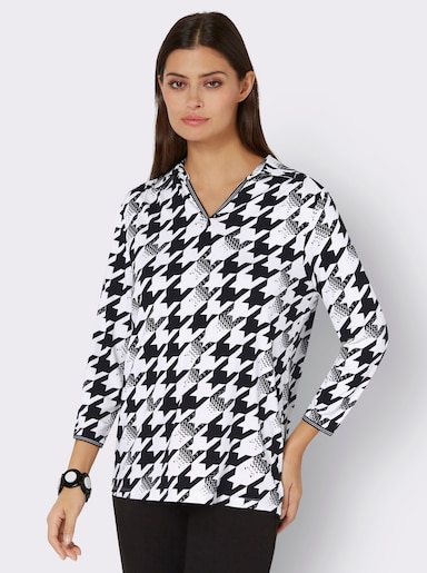 Poloshirt mit 3/4-Ärmeln - schwarz-ecru-bedruckt