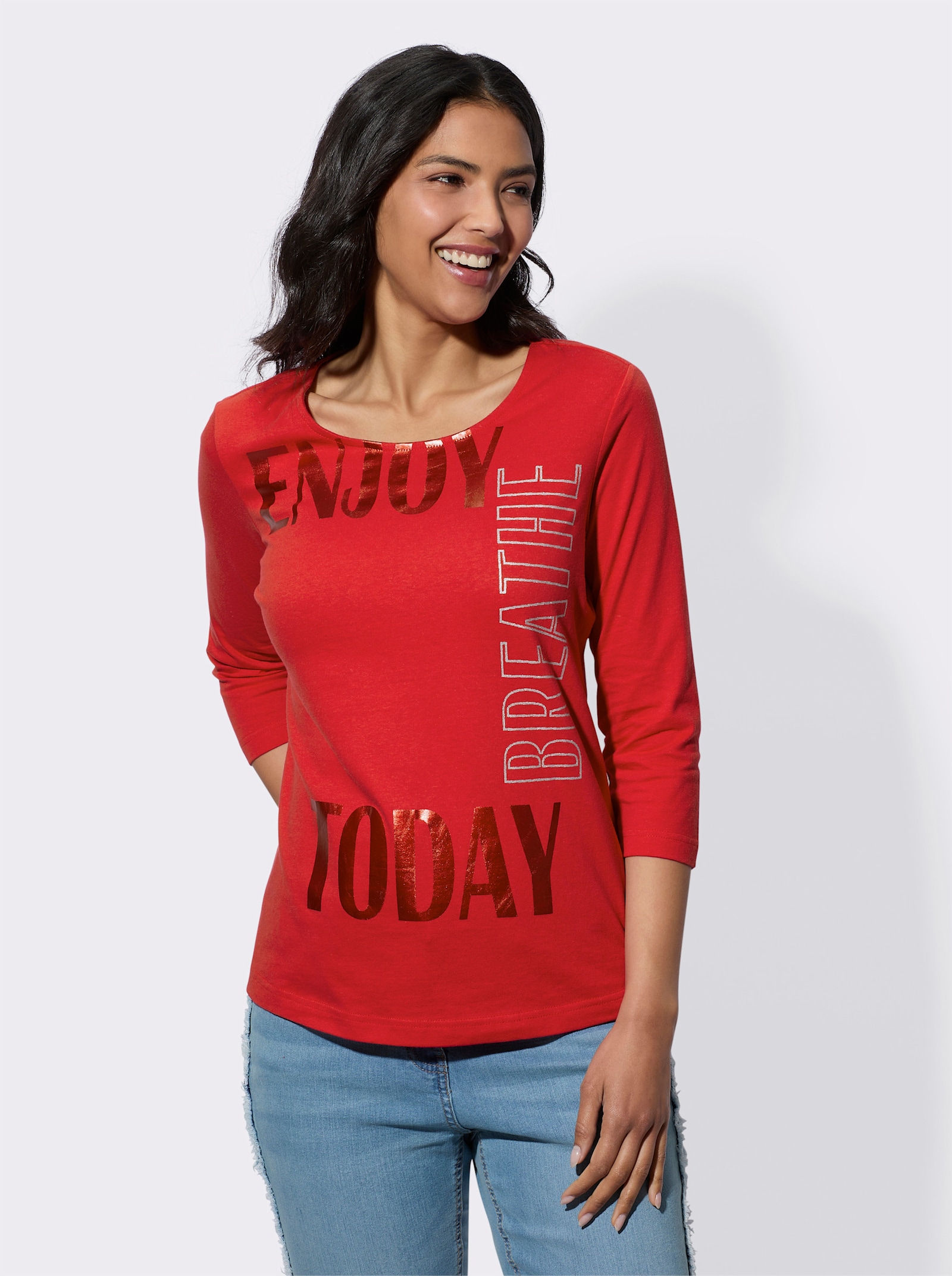 Topp med rund halsringning & glittrande folietryck - röd