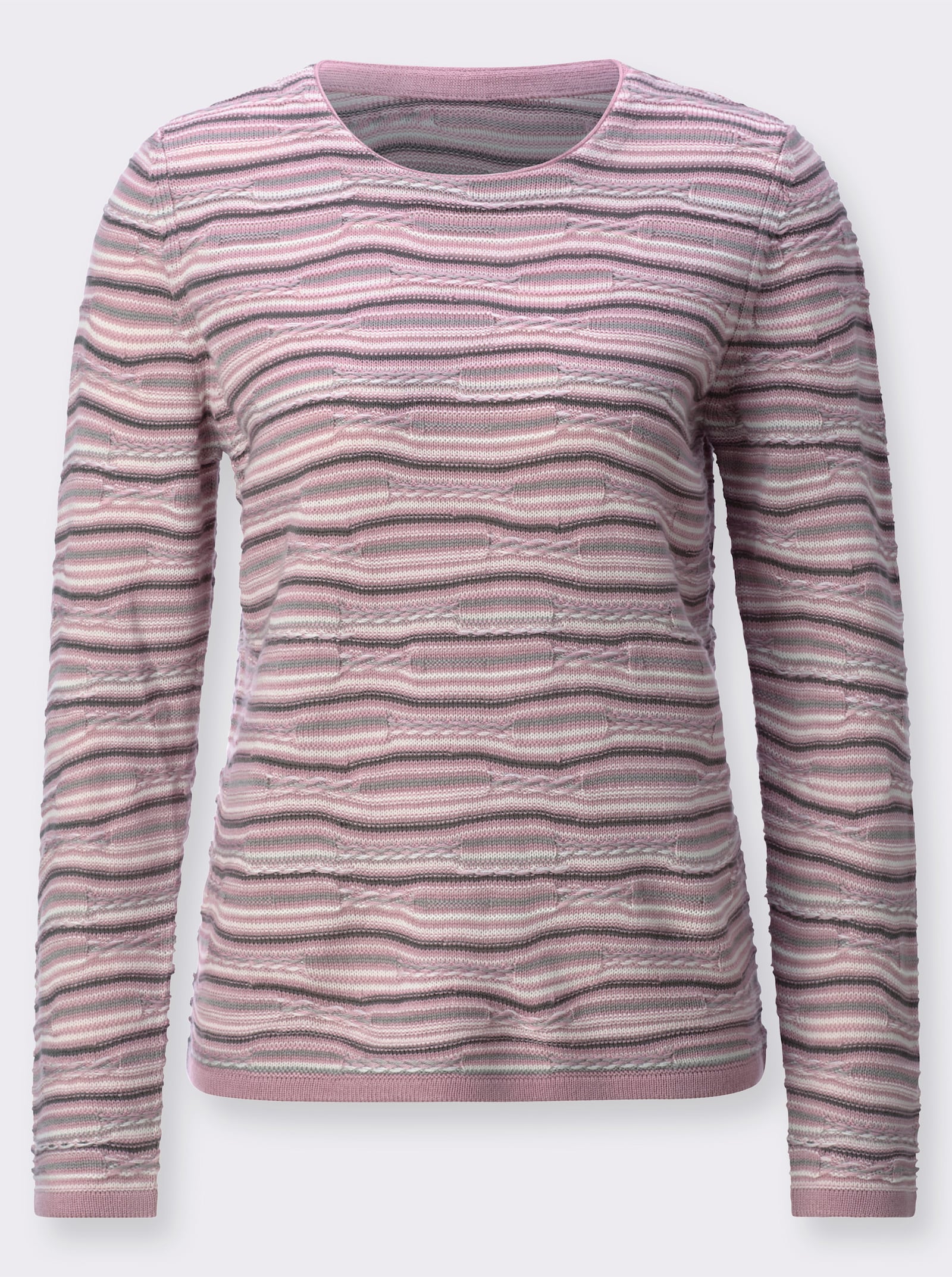 Strickpullover mit Rollkante am Ausschnitt - mauve-anthrazit-geringelt