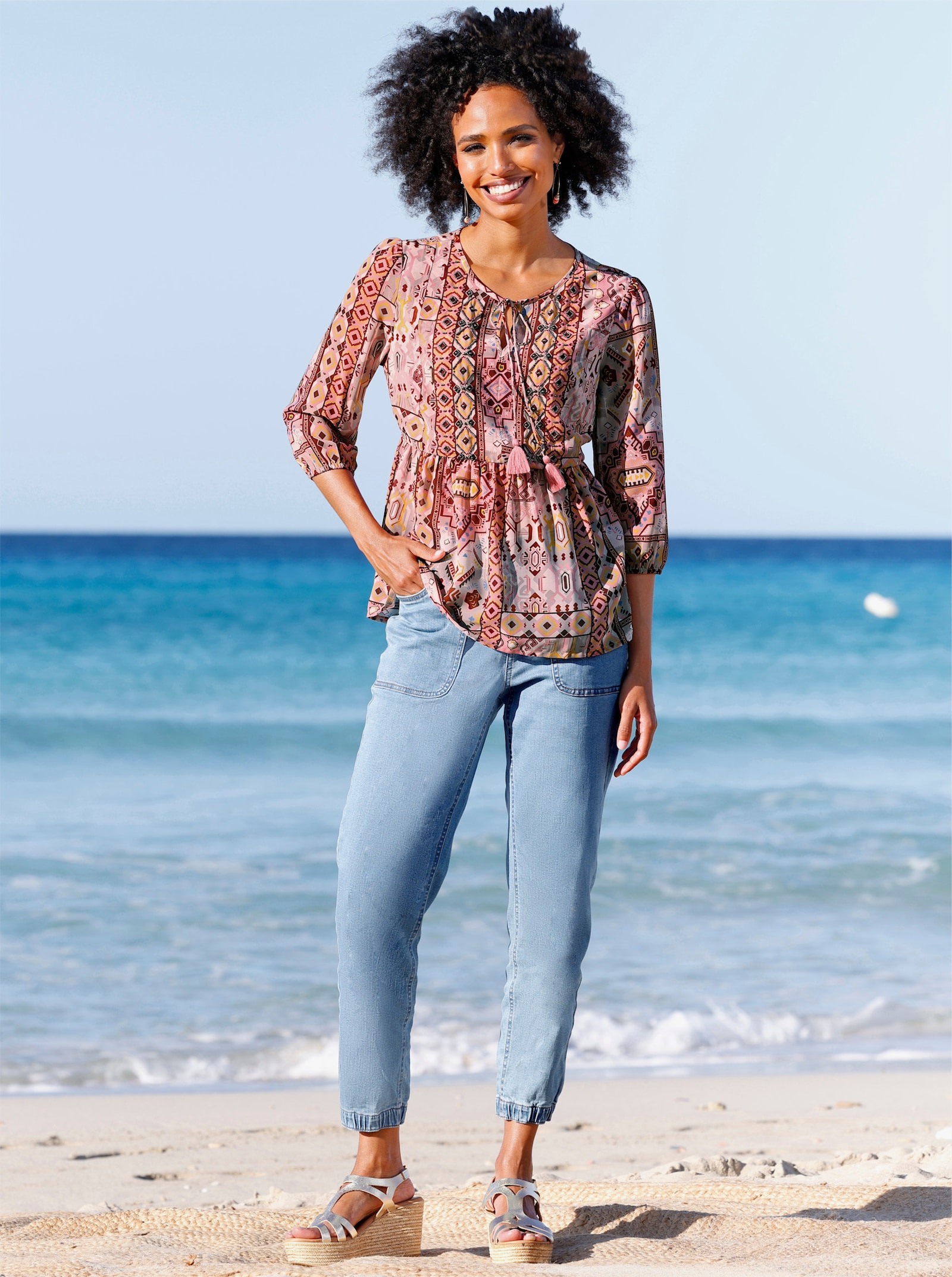 heine Druckbluse mit Zierperlen - rosenquarz-ocker-bedruckt