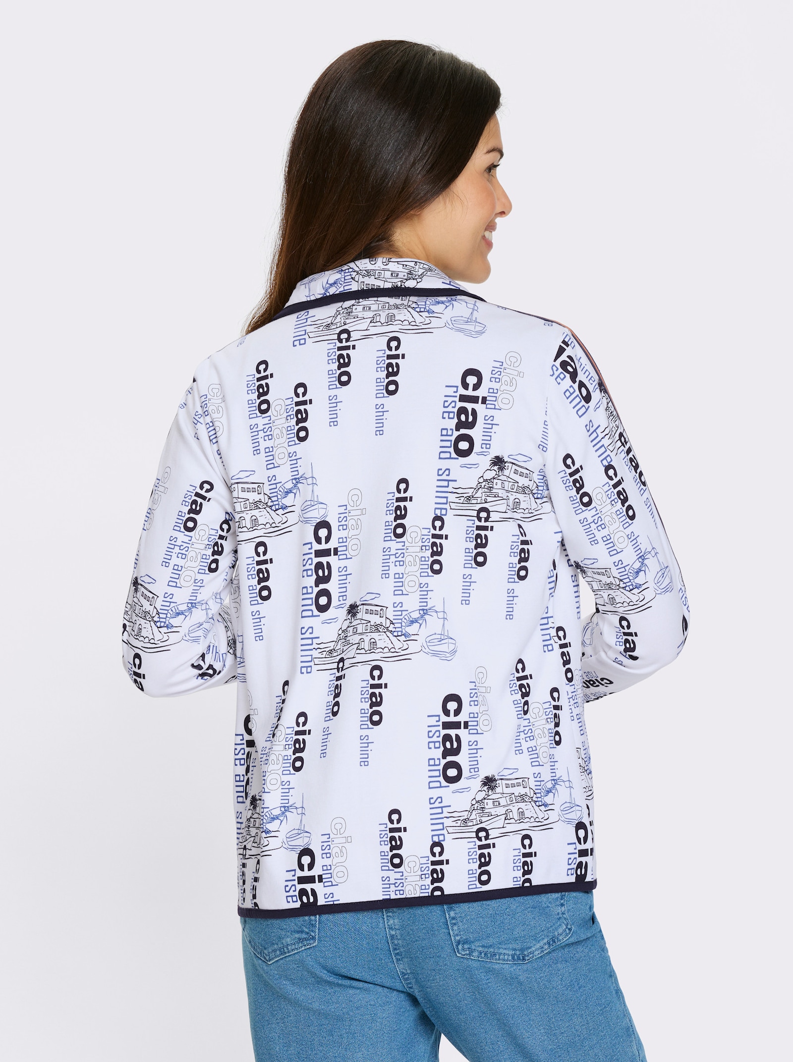 Sweatjacke mit maritimem Allover-Druck - weiß-marine-bedruckt