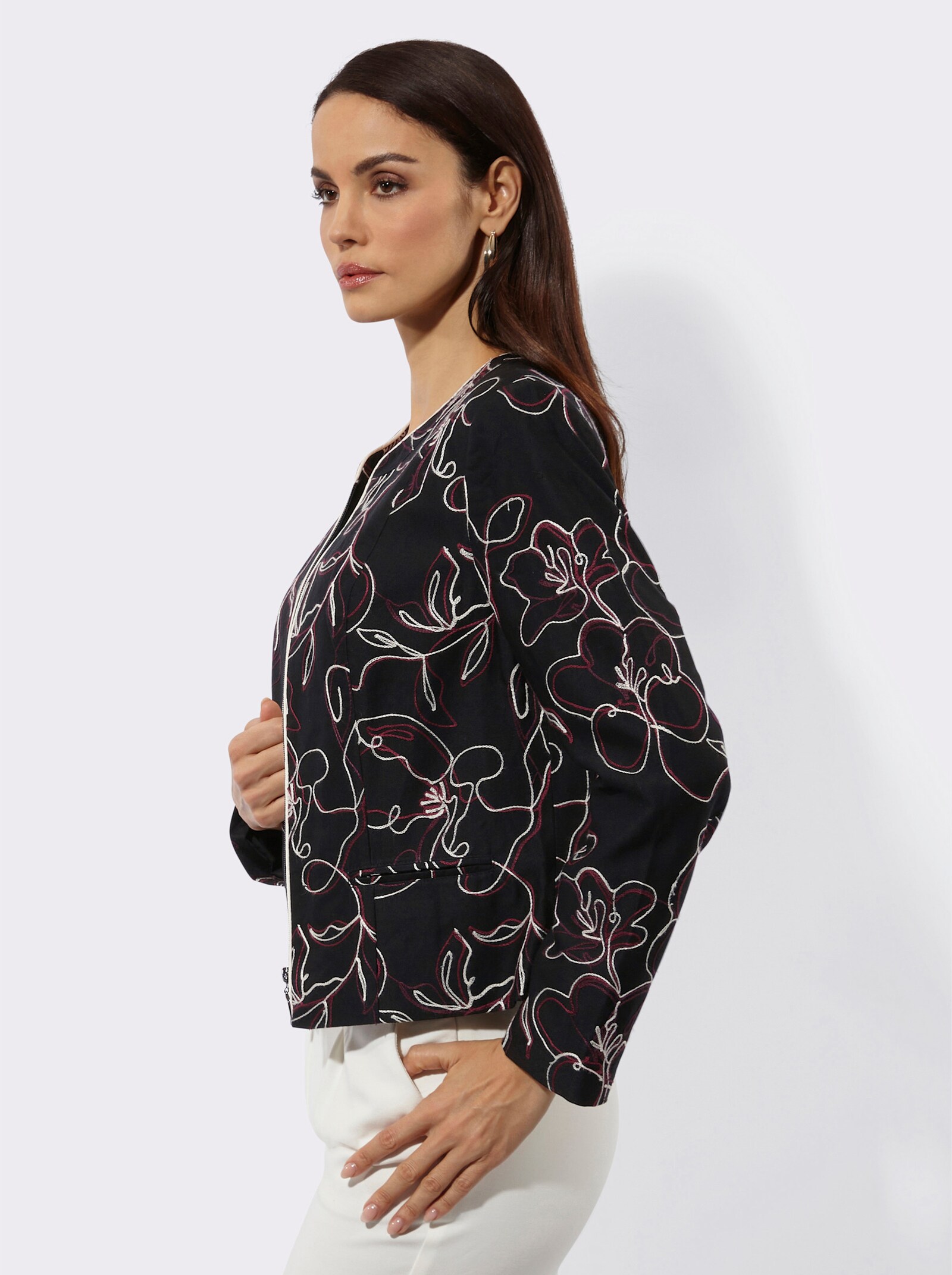 Blazer mit Kontrastpaspeln - schwarz-burgund-gemustert