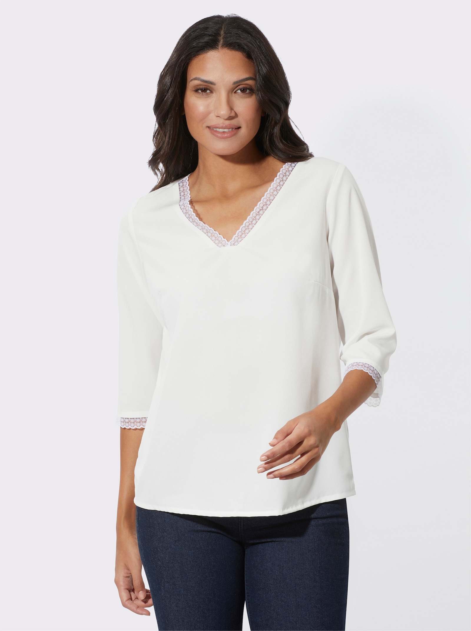 Spitzenbluse mit V-Ausschnitt - weiß