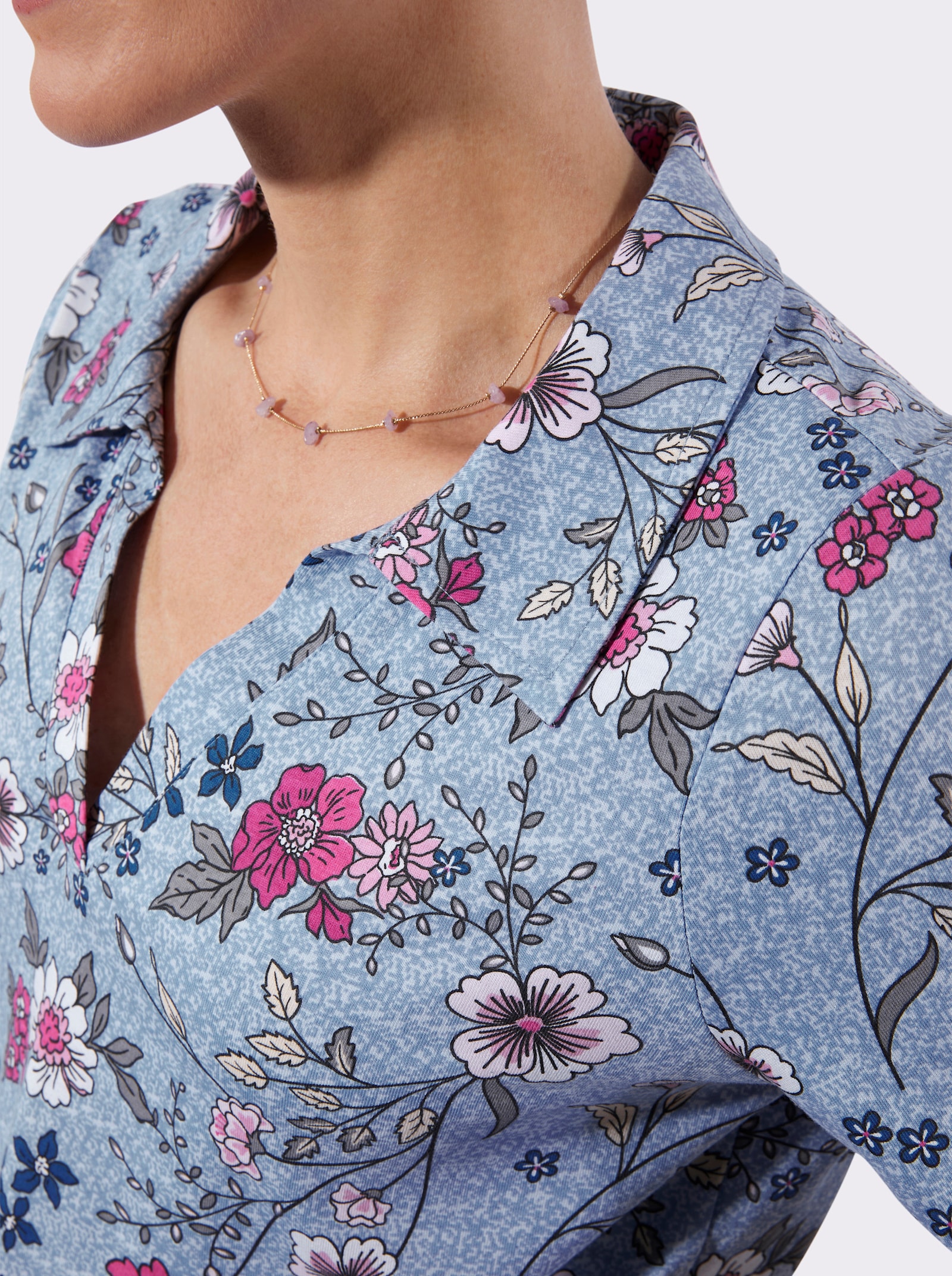 Polokošile s květinovým potiskem - modrá-fuchsiová-potisk