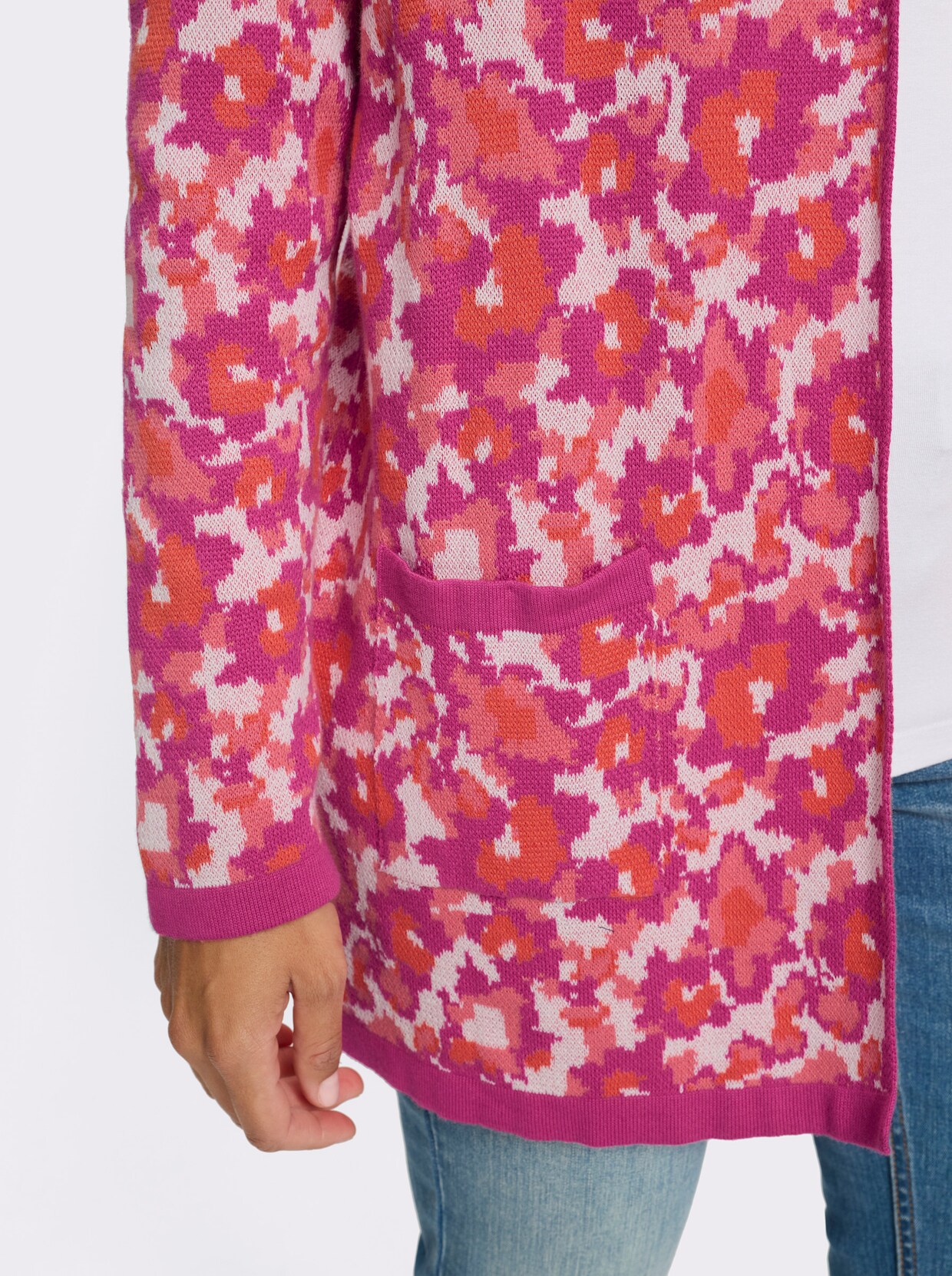 Jacquardstrickjacke - fuchsia-koralle-gemustert