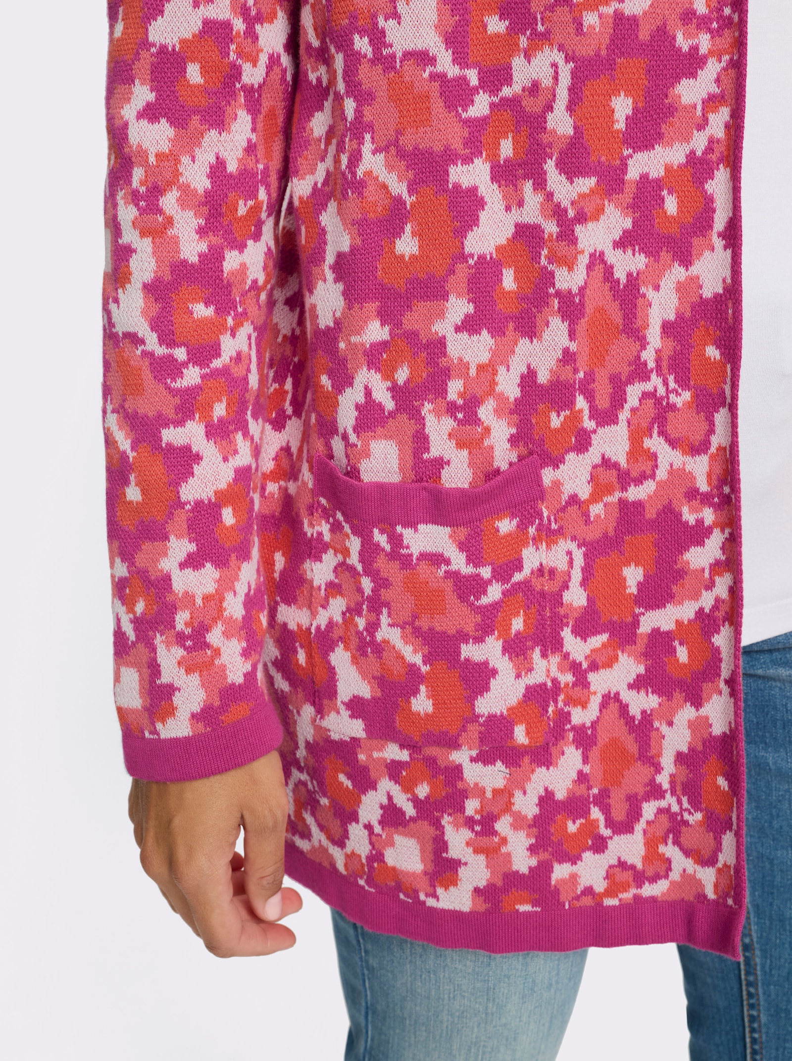 Jacquardstrickjacke mit 2 Taschen - fuchsia-koralle-gemustert