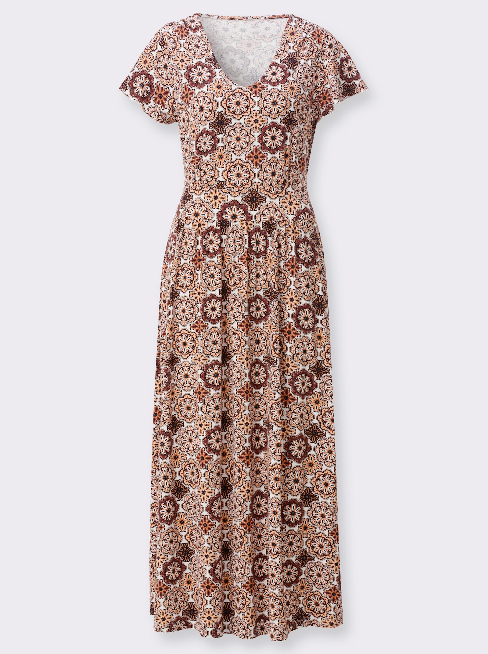 Jerseykleid mit Smokeinsatz im Rücken - papaya-ecru-bedruckt