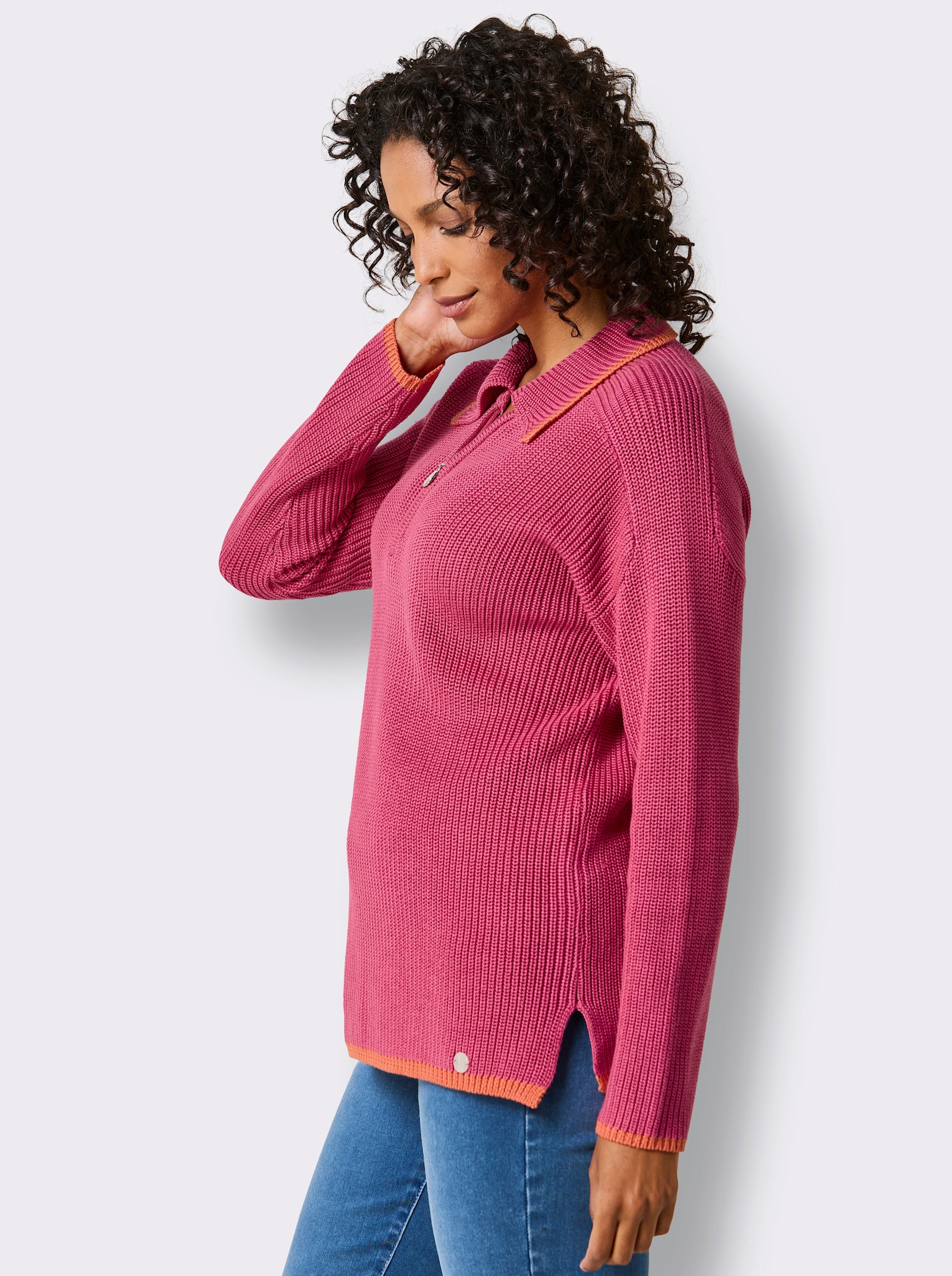 CREATION L PREMIUM Polopullover in Feinripp-Struktur - fuchsia