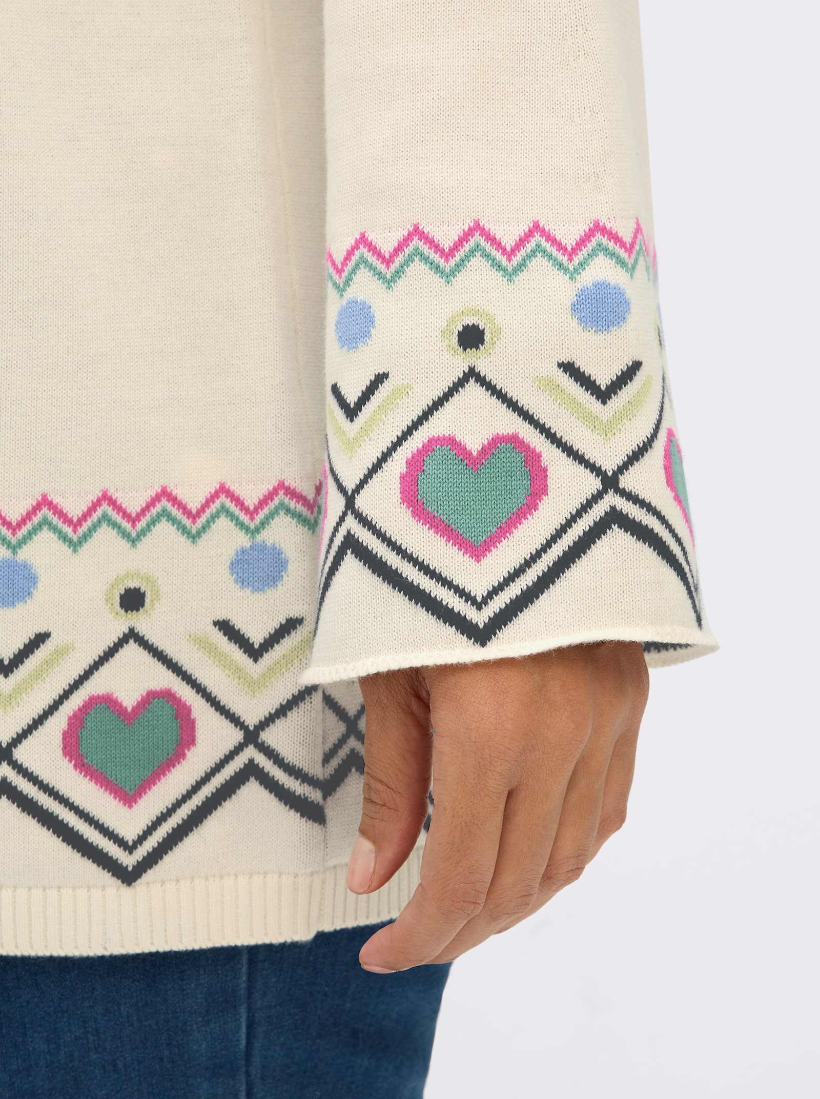 sheego Norwegerpullover mit Trompetenärmeln - champagner-salbei-gemustert